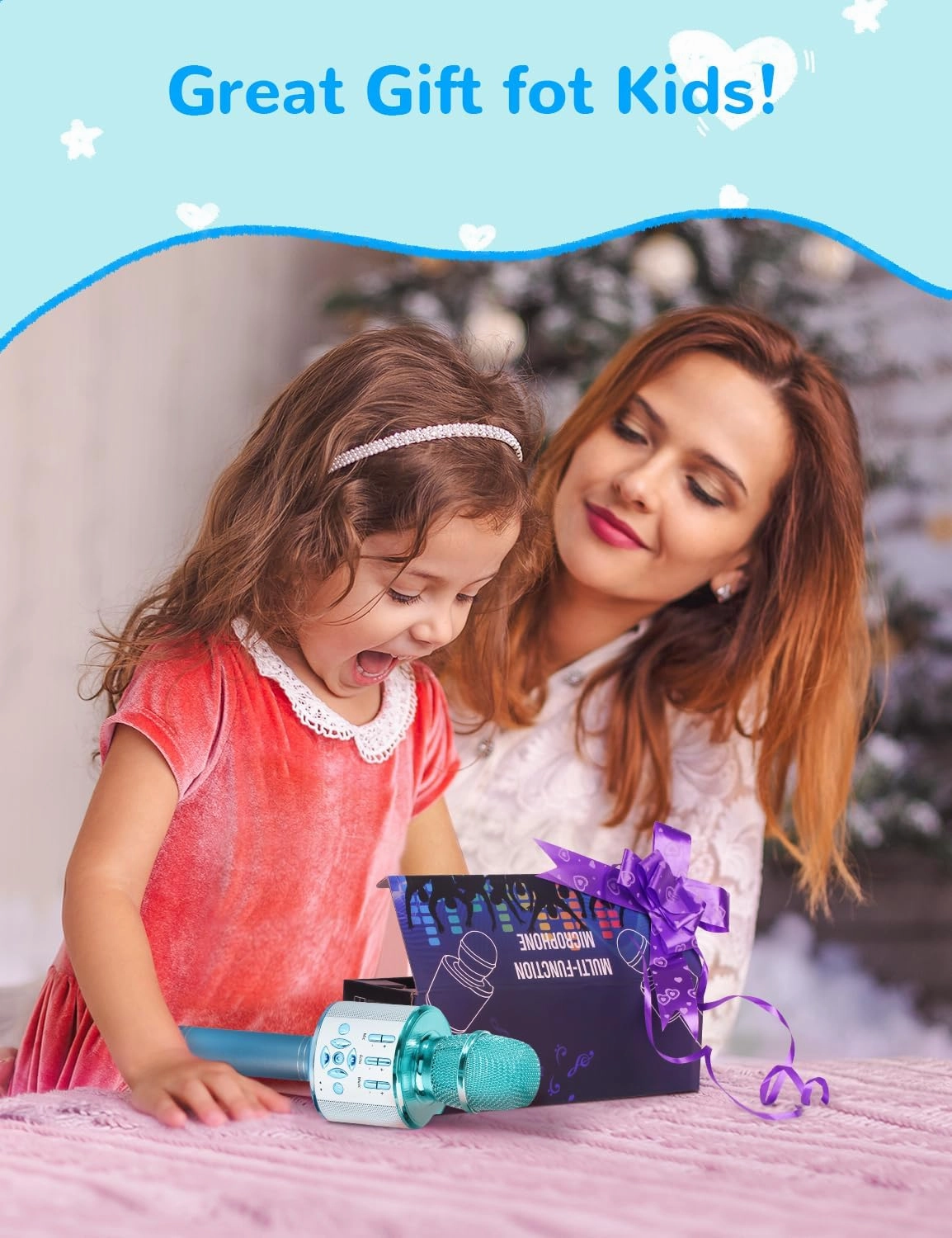 Amazmic Kids Karaoke Microphone Machine Toys for Girls Bluetooth Microphone with LED Light, Birthday Gift for Girls Boys 3 4 5 6 7 8 9 10 11 12 Year Old Kids Toys(Blue)