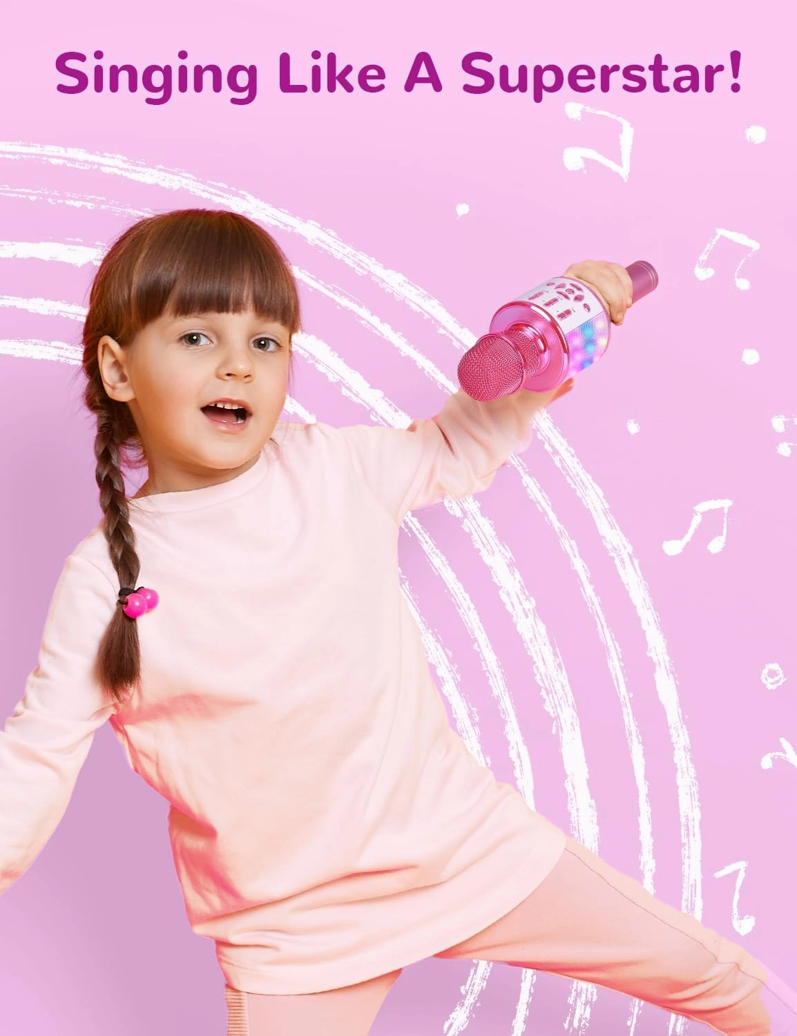 Amazmic Toys for Girls, Kids Karaoke Microphone Toddler Microphone for Kids with Lights, Birthday Gift for Girls, Boys Toy Age 3 4 5 6 7 8 (Light Pink)
