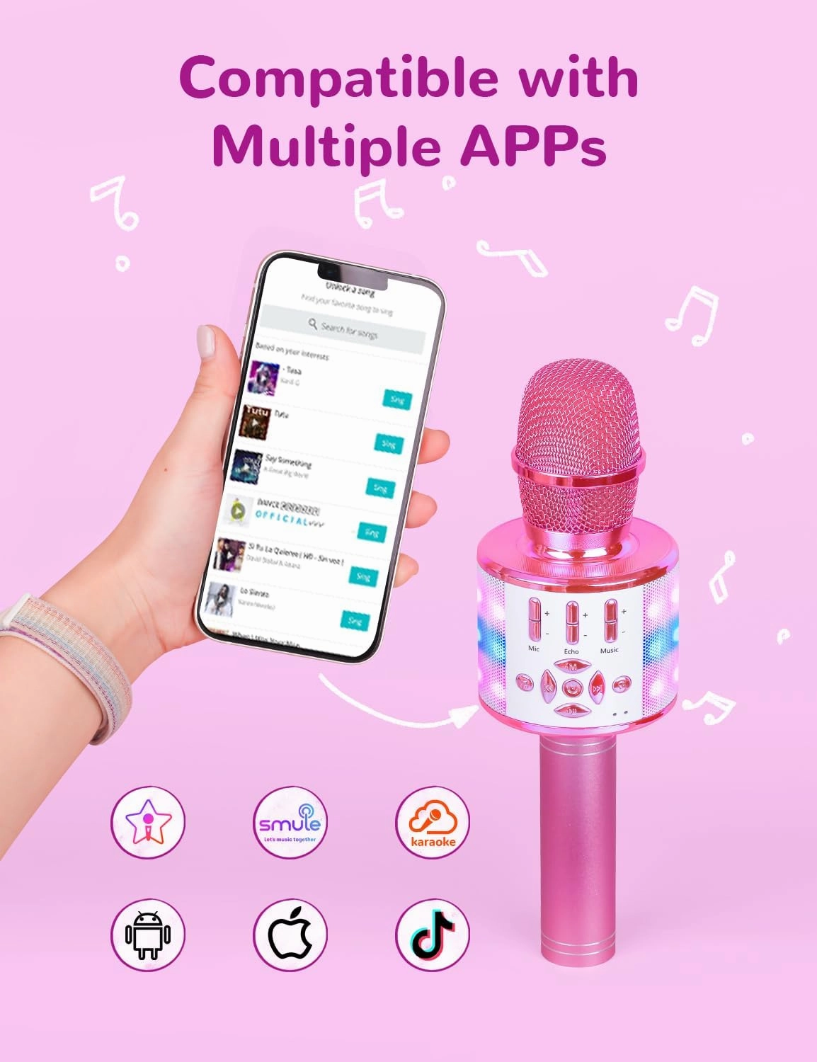 Amazmic Toys for Girls, Kids Karaoke Microphone Toddler Microphone for Kids with Lights, Birthday Gift for Girls, Boys Toy Age 3 4 5 6 7 8 (Light Pink)
