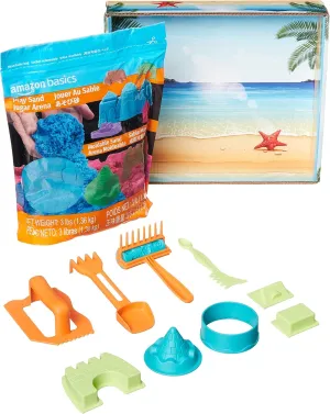 Amazon Basics 11 Piece Moldable Sensory Sand Toy Kit with Castle Molds and Tools, 3lbs Blue Color, for Kids Ages 3 and Up