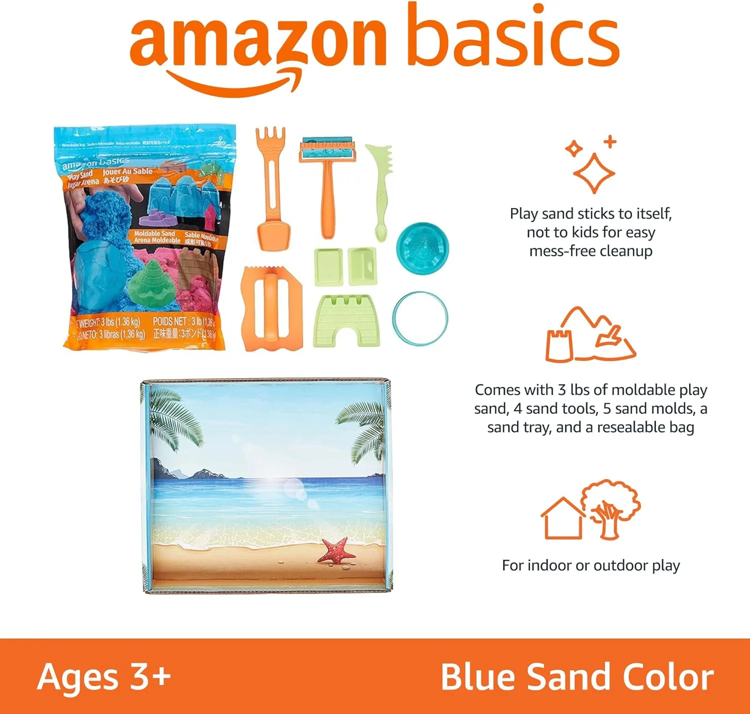 Amazon Basics 11 Piece Moldable Sensory Sand Toy Kit with Castle Molds and Tools, 3lbs Blue Color, for Kids Ages 3 and Up