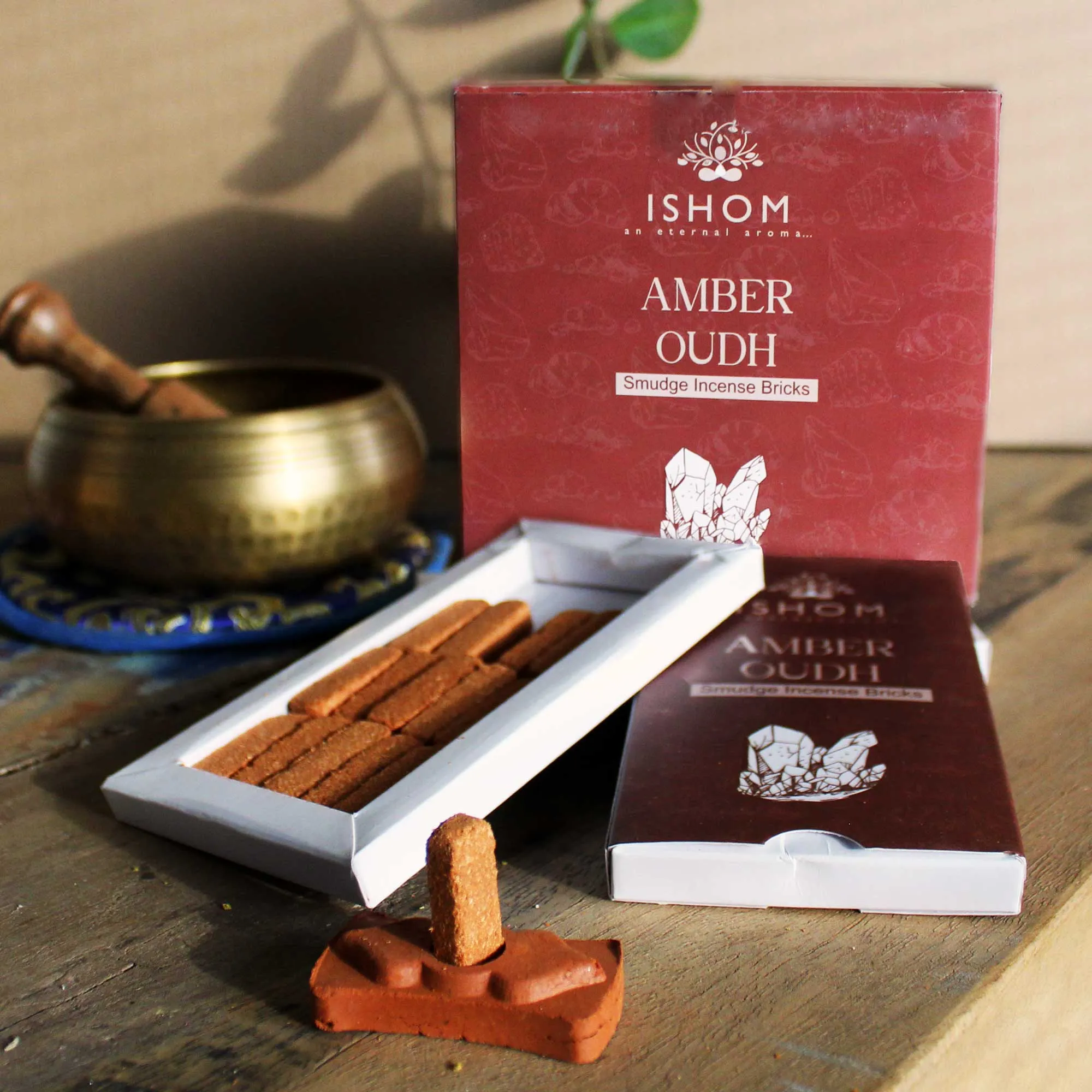 Amber Wood Smudge Bricks Natural Incense and Burner - Pack of 15