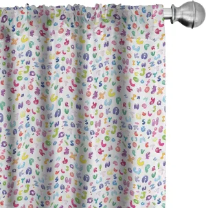 Ambesonne ABC Window Curtains Pack of 2, Colorful Alphabet ABC Bubble Letters Doodle Style Fun Design, Lightweight Set with Rod Pocket, 4 Panels of - 28" x 84", Pastel Purple