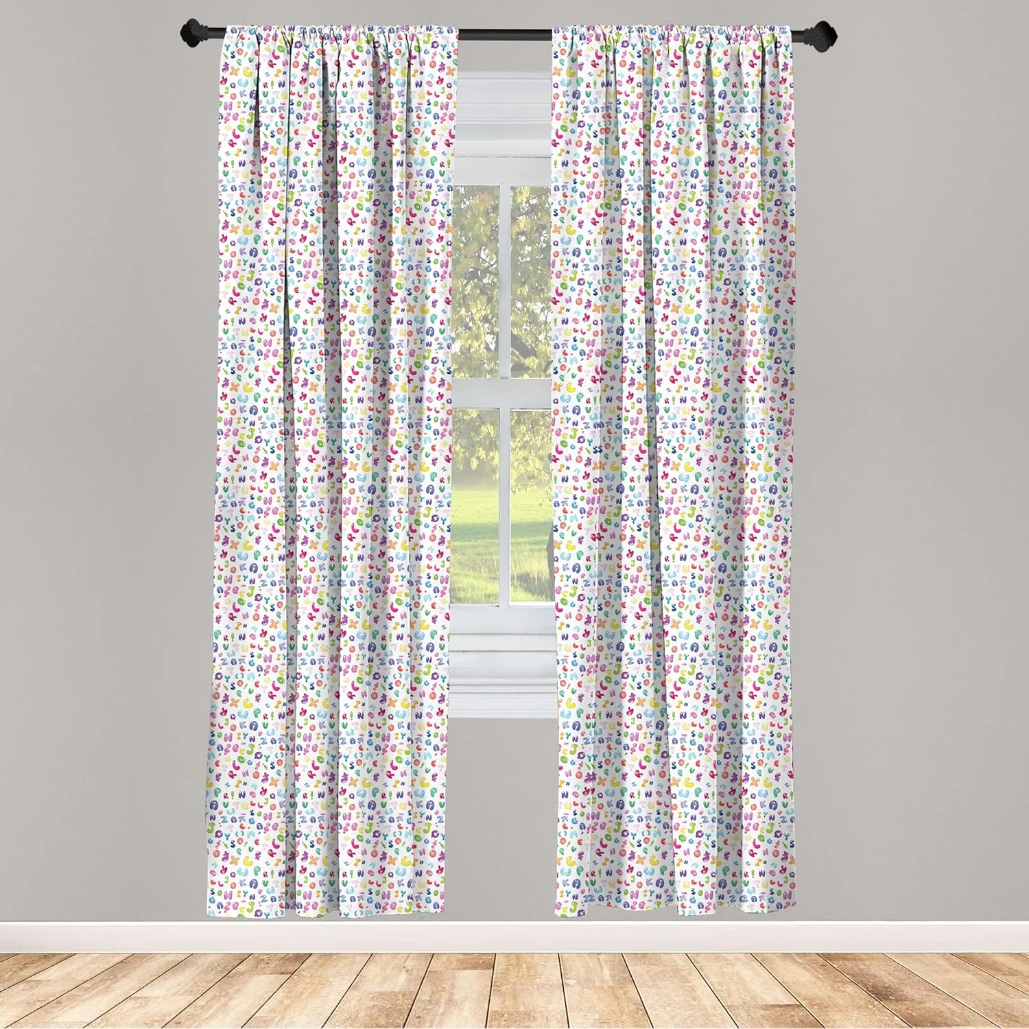 Ambesonne ABC Window Curtains Pack of 2, Colorful Alphabet ABC Bubble Letters Doodle Style Fun Design, Lightweight Set with Rod Pocket, 4 Panels of - 28" x 84", Pastel Purple