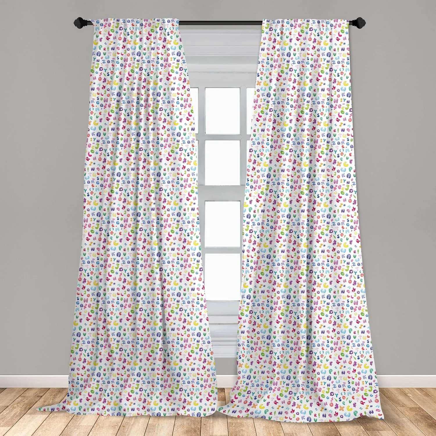 Ambesonne ABC Window Curtains Pack of 2, Colorful Alphabet ABC Bubble Letters Doodle Style Fun Design, Lightweight Set with Rod Pocket, 4 Panels of - 28" x 84", Pastel Purple