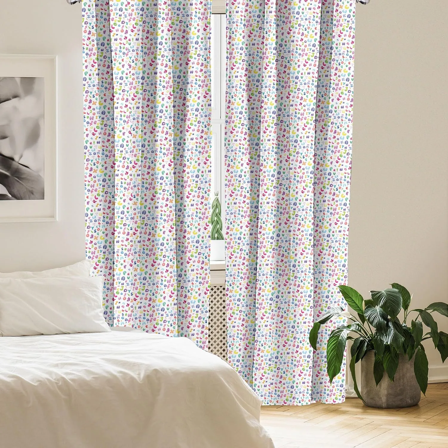 Ambesonne ABC Window Curtains Pack of 2, Colorful Alphabet ABC Bubble Letters Doodle Style Fun Design, Lightweight Set with Rod Pocket, 4 Panels of - 28" x 84", Pastel Purple