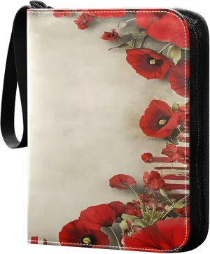 American Flag and Flowers Card Binder 4 Pocket Collectible Trading Card Albums with 50 Sleeves Double Side PU Waterproof 3 Ring for Sports & Game Cards