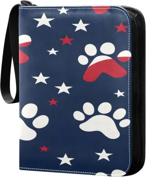 American Flag and Paw Print Card Binder 4 Pocket Collectible Trading Card Albums with 50 Sleeves Double Side PU Waterproof 3 Ring for Sports & Game Cards