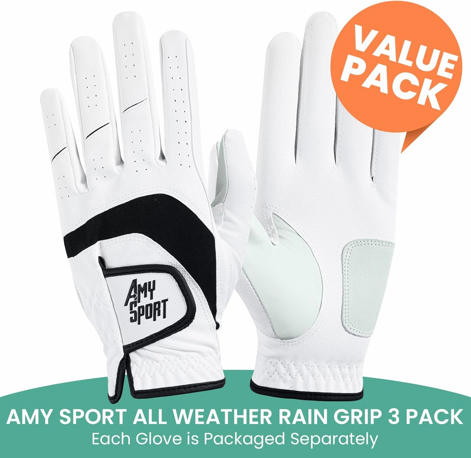 Amy Sport Golf Gloves Men Right Handed Golfer Left Hand 3 Pack PU Leather All Weather Grip Soft Breathable Flexible for Mens
