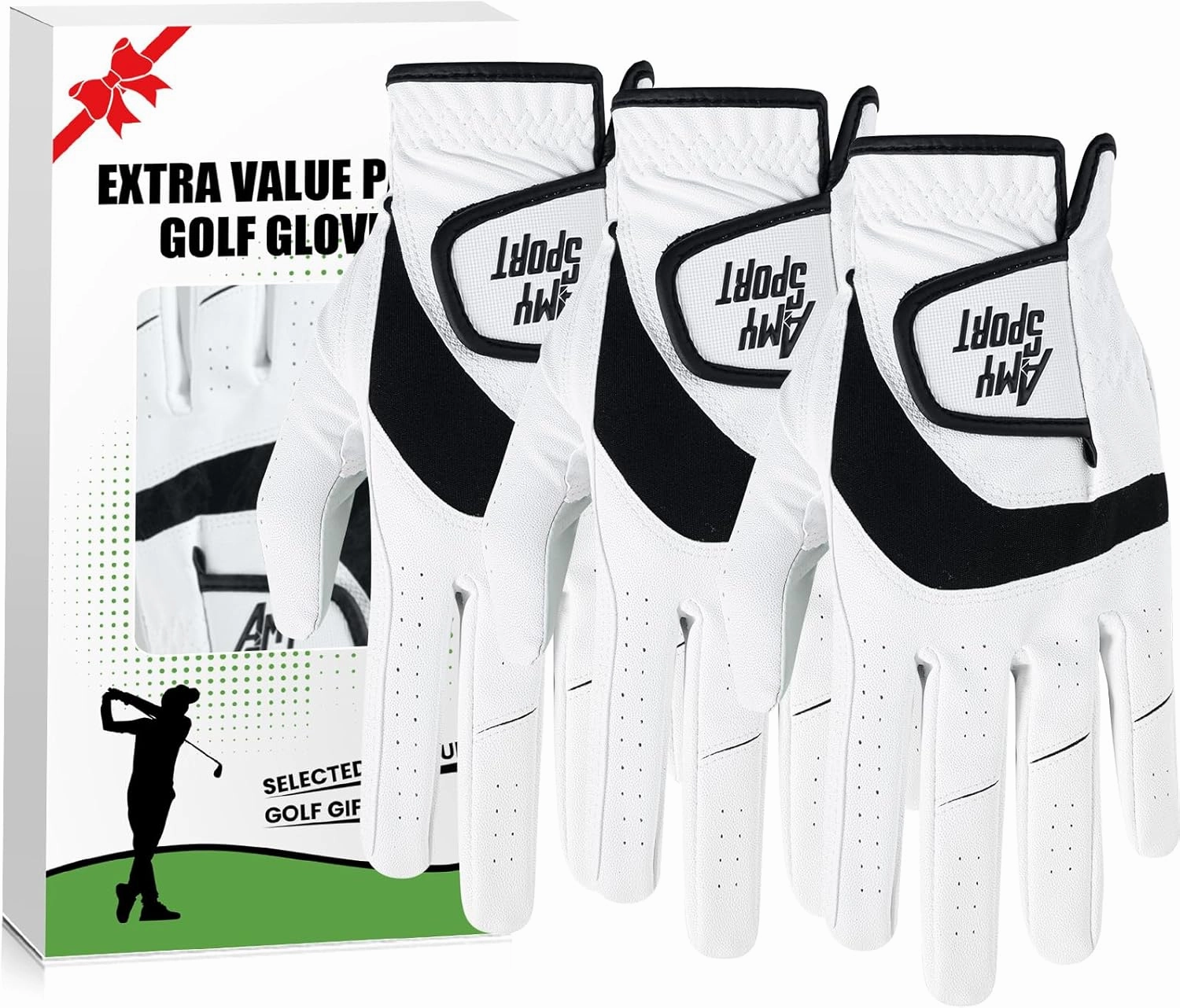 Amy Sport Golf Gloves Men Right Handed Golfer Left Hand 3 Pack PU Leather All Weather Grip Soft Breathable Flexible for Mens