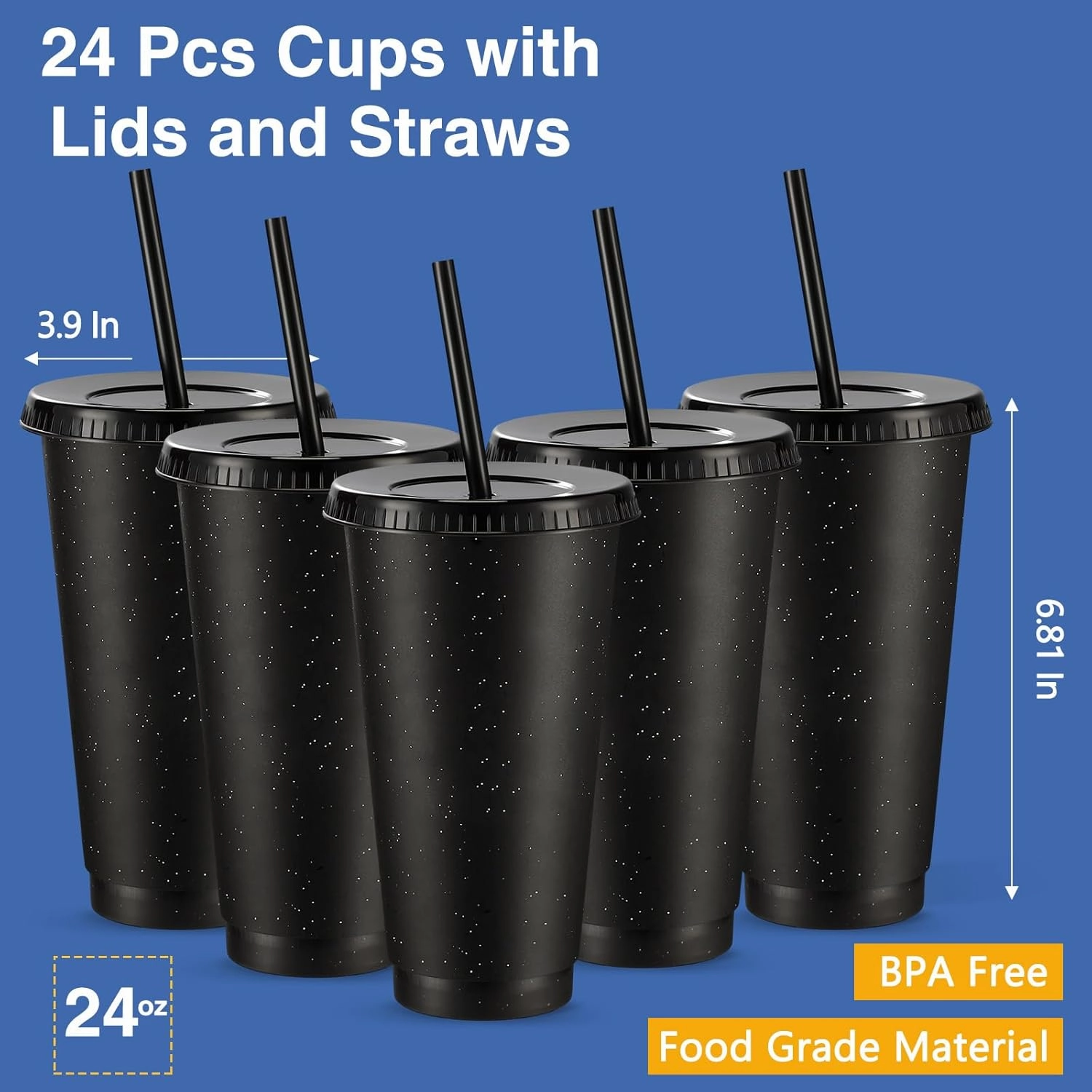 Amyhill 24 Pcs Reusable Cups with Lids and Straws 24 oz Glitter Iced Coffee Tumbler Plastic Travel Mug Cup for Smoothie Juices Birthday Sleepover Party Supplies for Girls(Black)