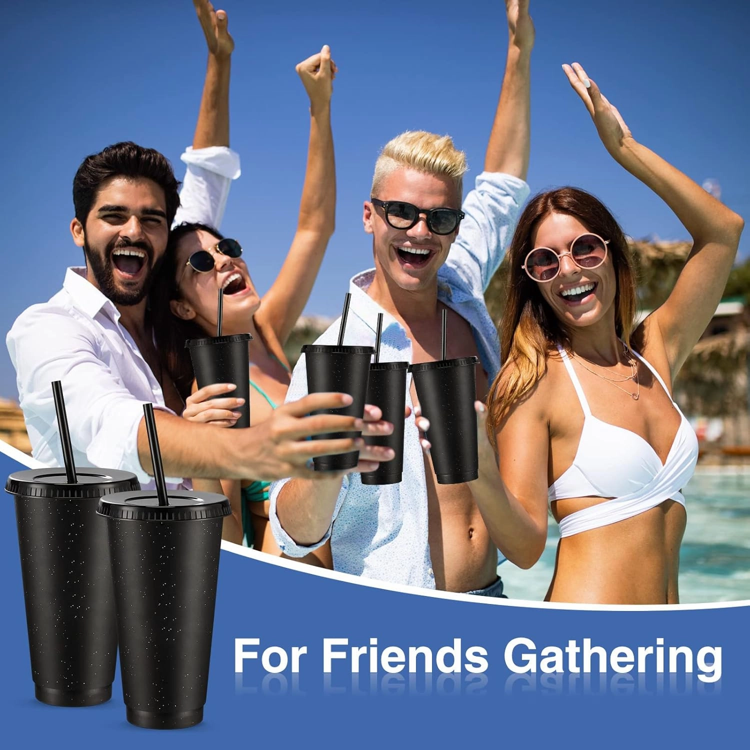 Amyhill 24 Pcs Reusable Cups with Lids and Straws 24 oz Glitter Iced Coffee Tumbler Plastic Travel Mug Cup for Smoothie Juices Birthday Sleepover Party Supplies for Girls(Black)