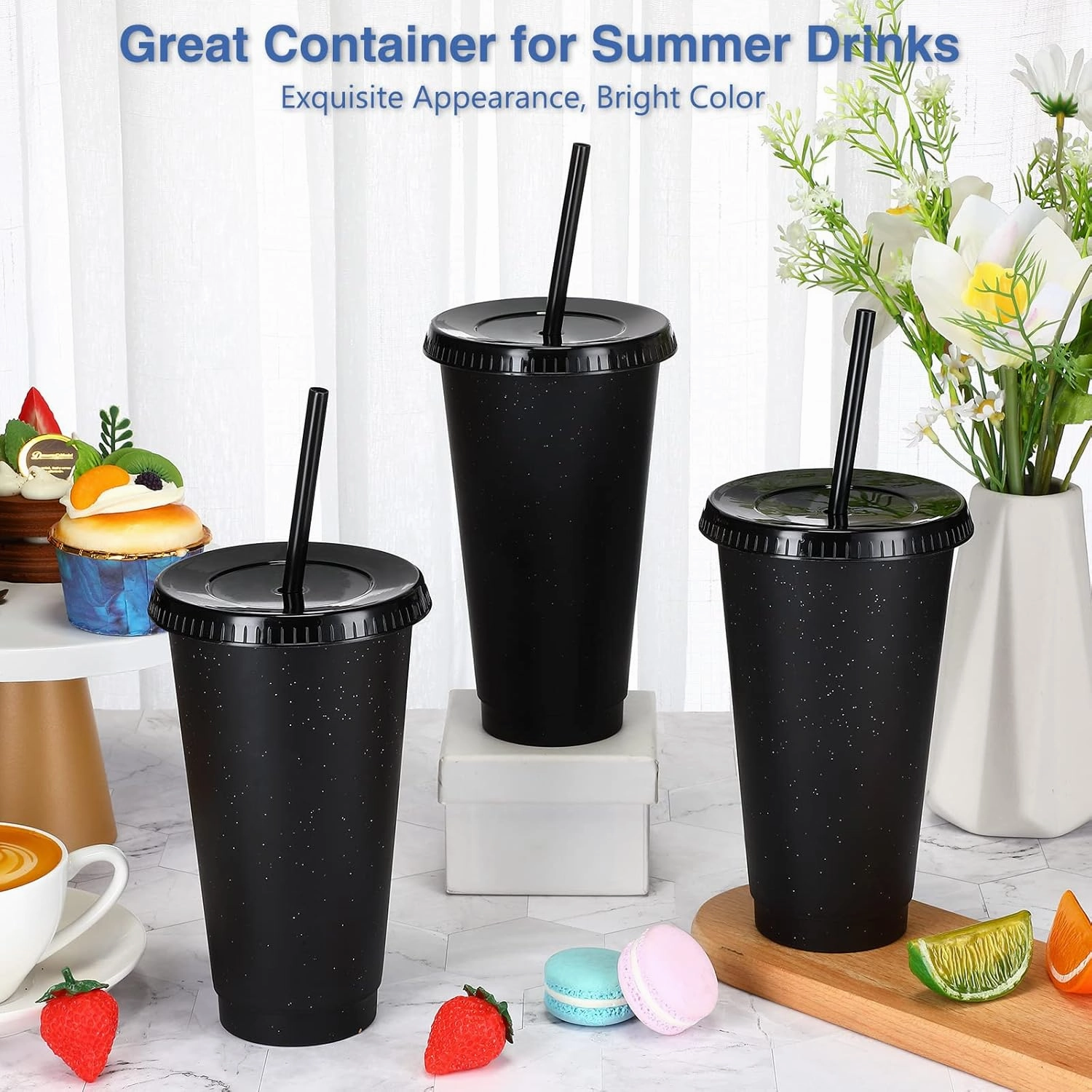 Amyhill 24 Pcs Reusable Cups with Lids and Straws 24 oz Glitter Iced Coffee Tumbler Plastic Travel Mug Cup for Smoothie Juices Birthday Sleepover Party Supplies for Girls(Black)