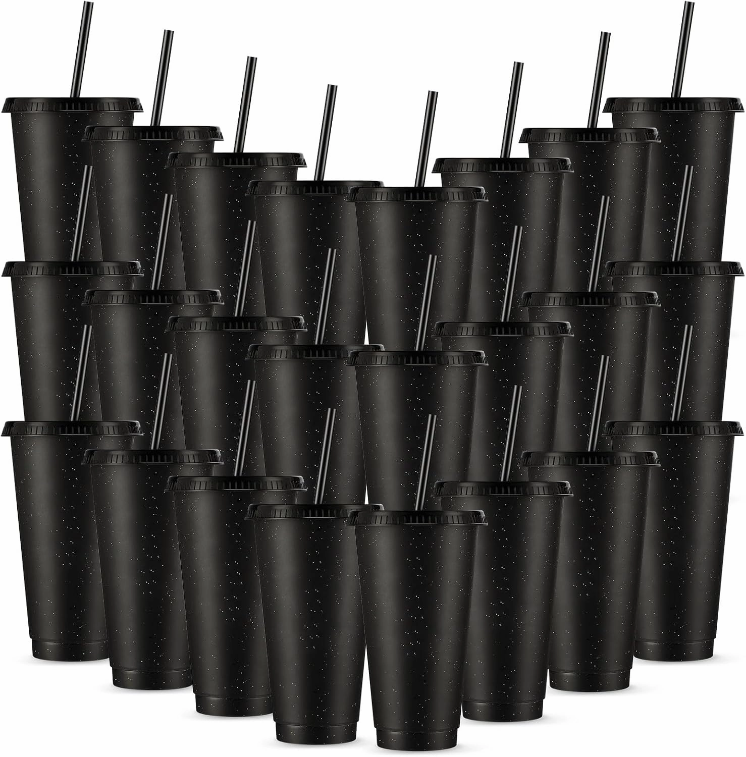 Amyhill 24 Pcs Reusable Cups with Lids and Straws 24 oz Glitter Iced Coffee Tumbler Plastic Travel Mug Cup for Smoothie Juices Birthday Sleepover Party Supplies for Girls(Black)