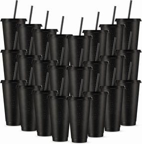 Amyhill 24 Pcs Reusable Cups with Lids and Straws 24 oz Glitter Iced Coffee Tumbler Plastic Travel Mug Cup for Smoothie Juices Birthday Sleepover Party Supplies for Girls(Black)