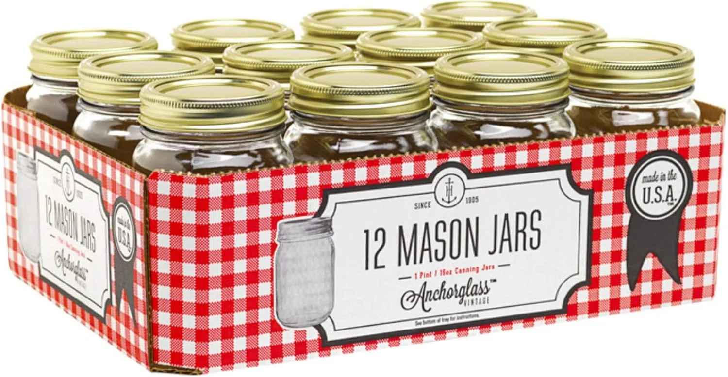 Anchor Hocking AHG17 1 Pint Home Canning Jars with Metal Lids and Rings, Clear - Pack of 12
