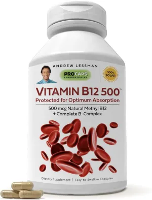 ANDREW LESSMAN Vitamin B12 500 180 Capsules - Absorption-Protected Methylcobalamin (Natural Coenzyme Vitamin B12), Essential for Energy and Stress Support, Plus B-Complex, Easy to Swallow Capsules