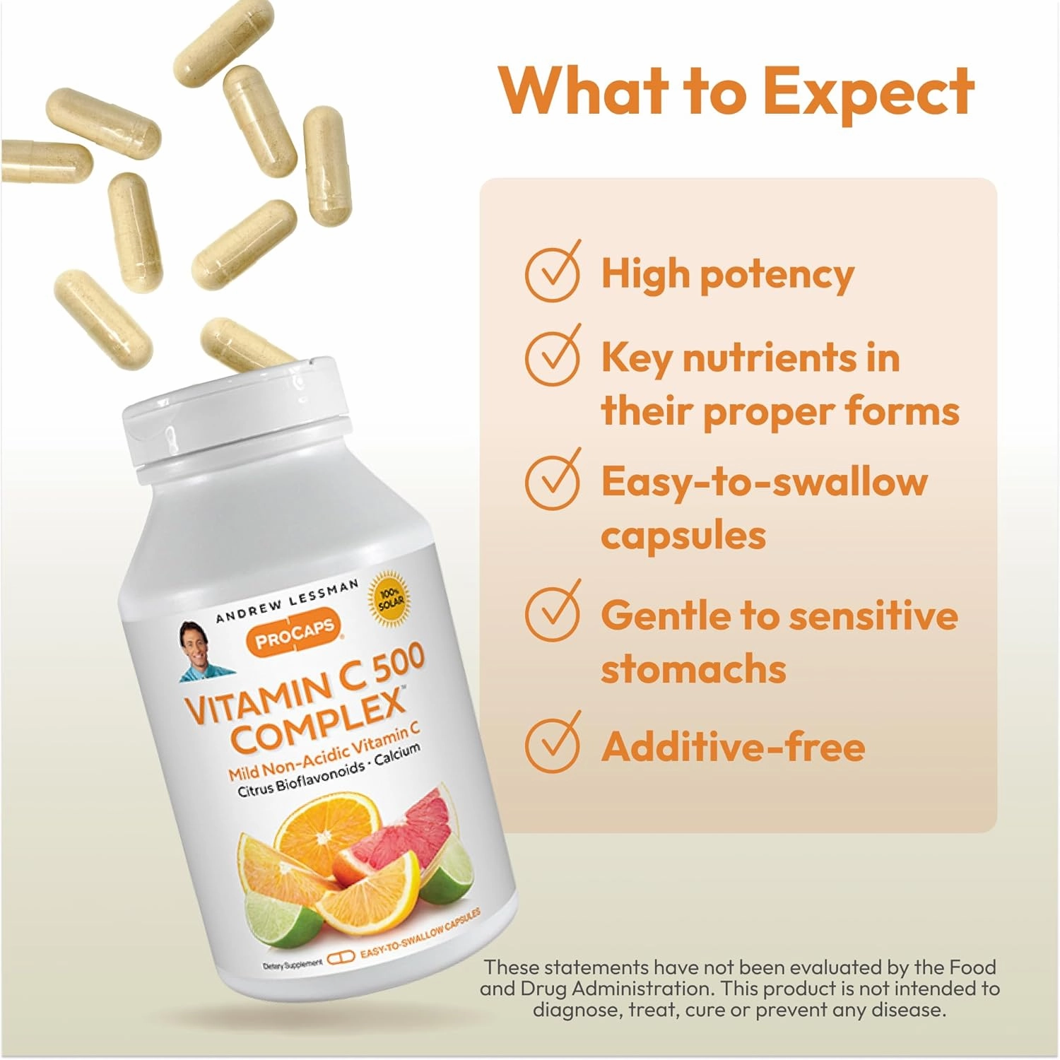 ANDREW LESSMAN Vitamin C 500 Complex 180 Capsules - Non-Acidic Vitamin C Plus Citrus Bioflavonoids for Immune System and Anti-Oxidant Support, No Stomach Upset, Small Easy to Swallow Capsules