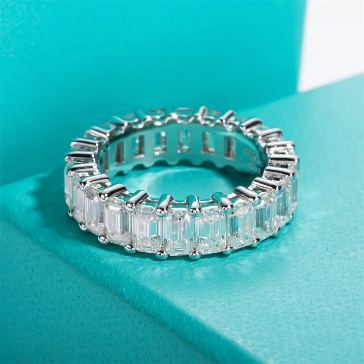 AnuClub Moissanite Eternity Ring, Round/Emerald/Princess Cut 5cttw D Color 925 Sterling Silver Wedding Band Rings for Women