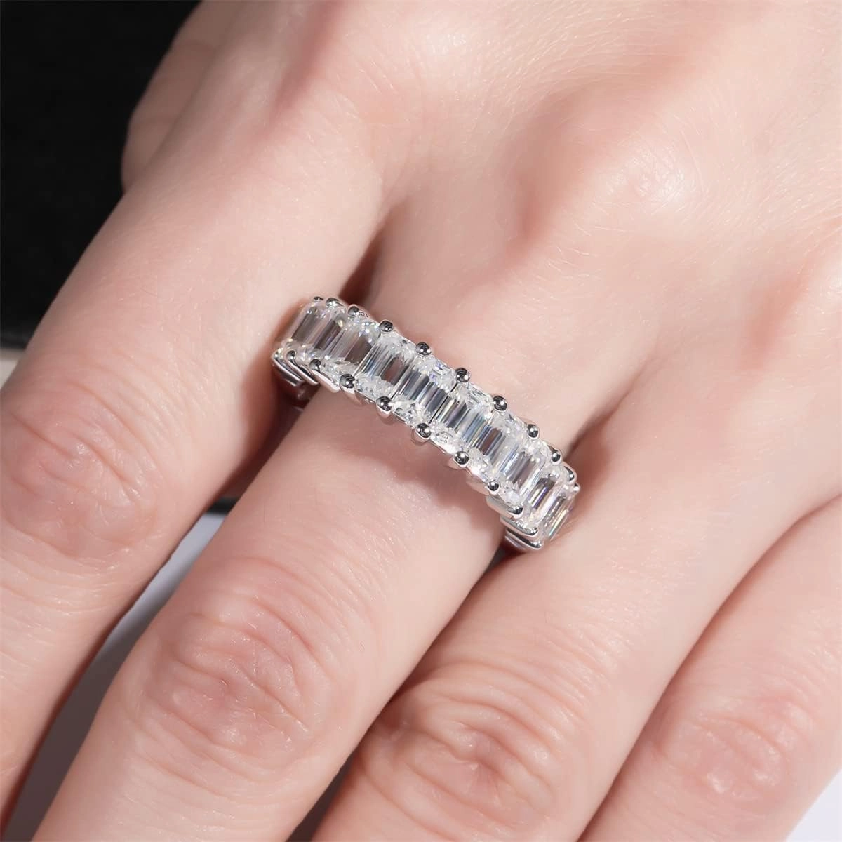AnuClub Moissanite Eternity Ring, Round/Emerald/Princess Cut 5cttw D Color 925 Sterling Silver Wedding Band Rings for Women
