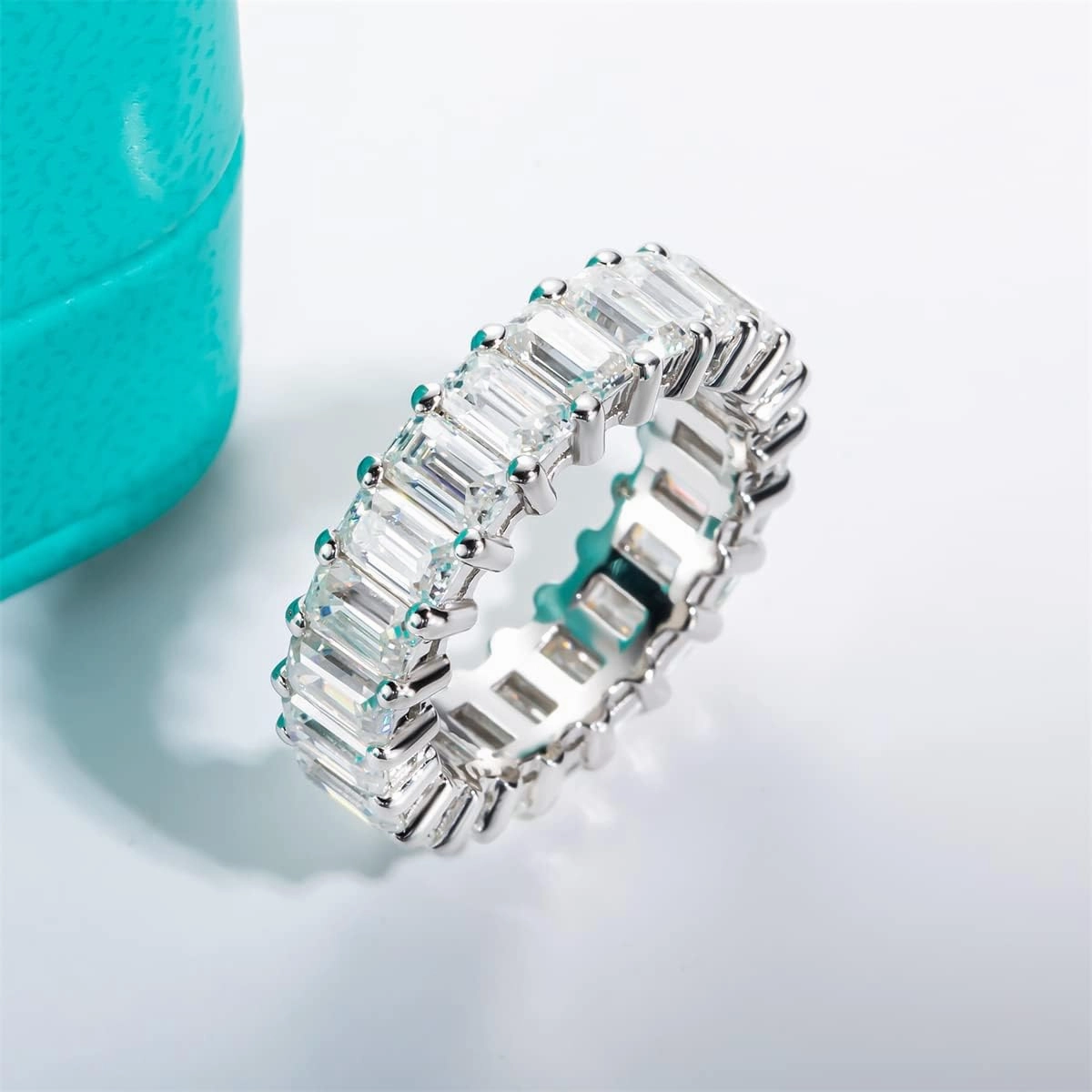 AnuClub Moissanite Eternity Ring, Round/Emerald/Princess Cut 5cttw D Color 925 Sterling Silver Wedding Band Rings for Women