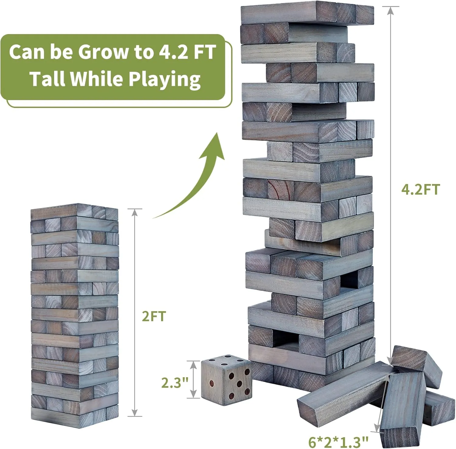 ApudArmis Giant Tumble Tower (Stack from 2Ft to Over 4.2Ft), 54 PCS Pine Wooden Stacking Timber Game with 1 Dice Set - Classic Block Giant Outdoor Game for Teens Adults Family (Gray)