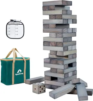 ApudArmis Giant Tumble Tower (Stack from 2Ft to Over 4.2Ft), 54 PCS Pine Wooden Stacking Timber Game with 1 Dice Set - Classic Block Giant Outdoor Game for Teens Adults Family (Gray)