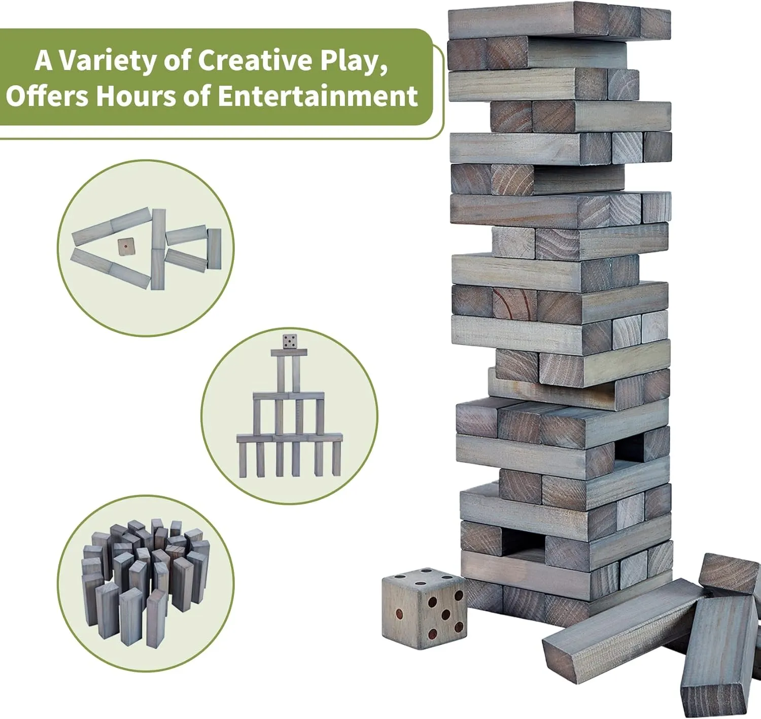 ApudArmis Giant Tumble Tower (Stack from 2Ft to Over 4.2Ft), 54 PCS Pine Wooden Stacking Timber Game with 1 Dice Set - Classic Block Giant Outdoor Game for Teens Adults Family (Gray)