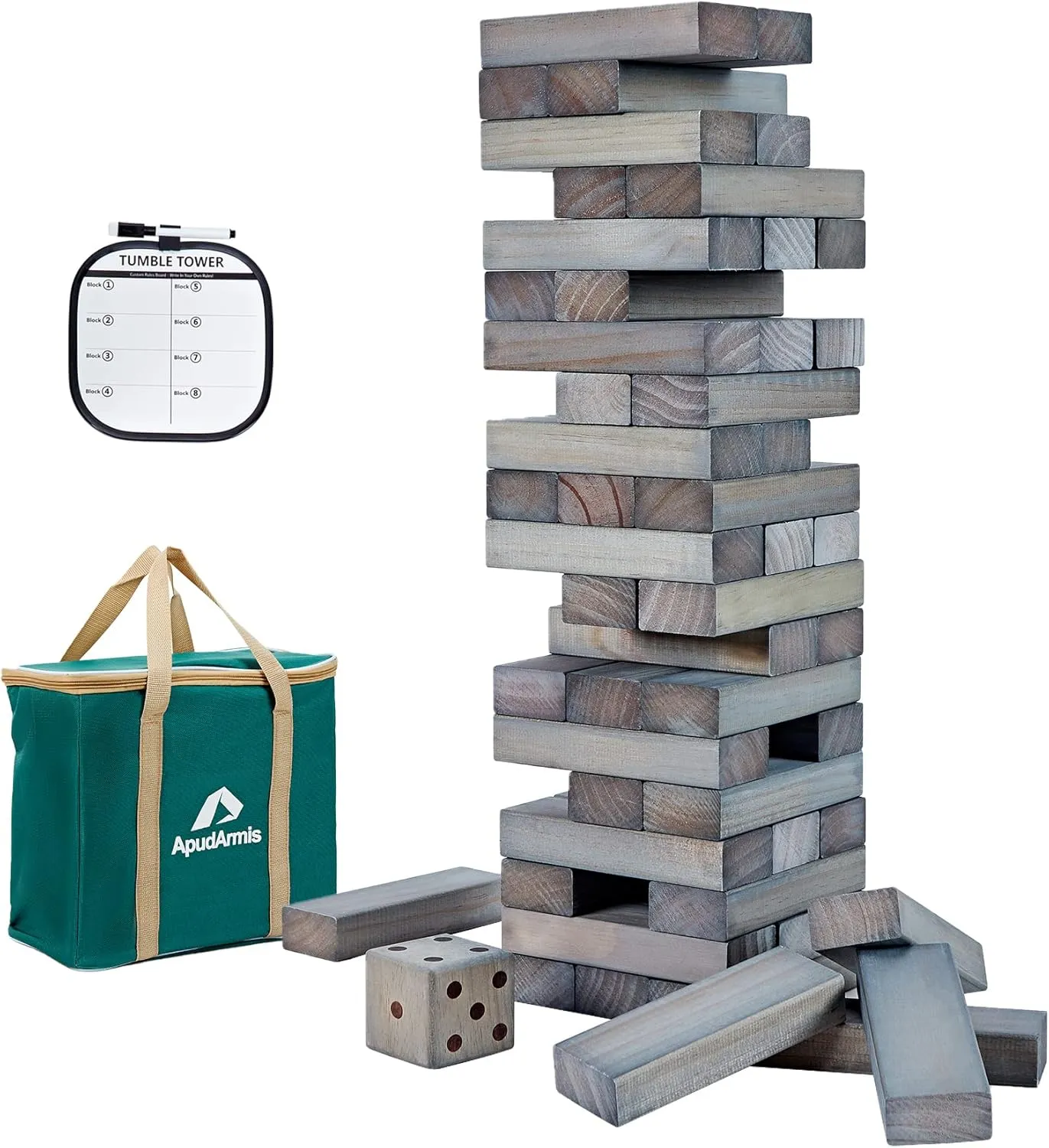ApudArmis Giant Tumble Tower (Stack from 2Ft to Over 4.2Ft), 54 PCS Pine Wooden Stacking Timber Game with 1 Dice Set - Classic Block Giant Outdoor Game for Teens Adults Family (Gray)