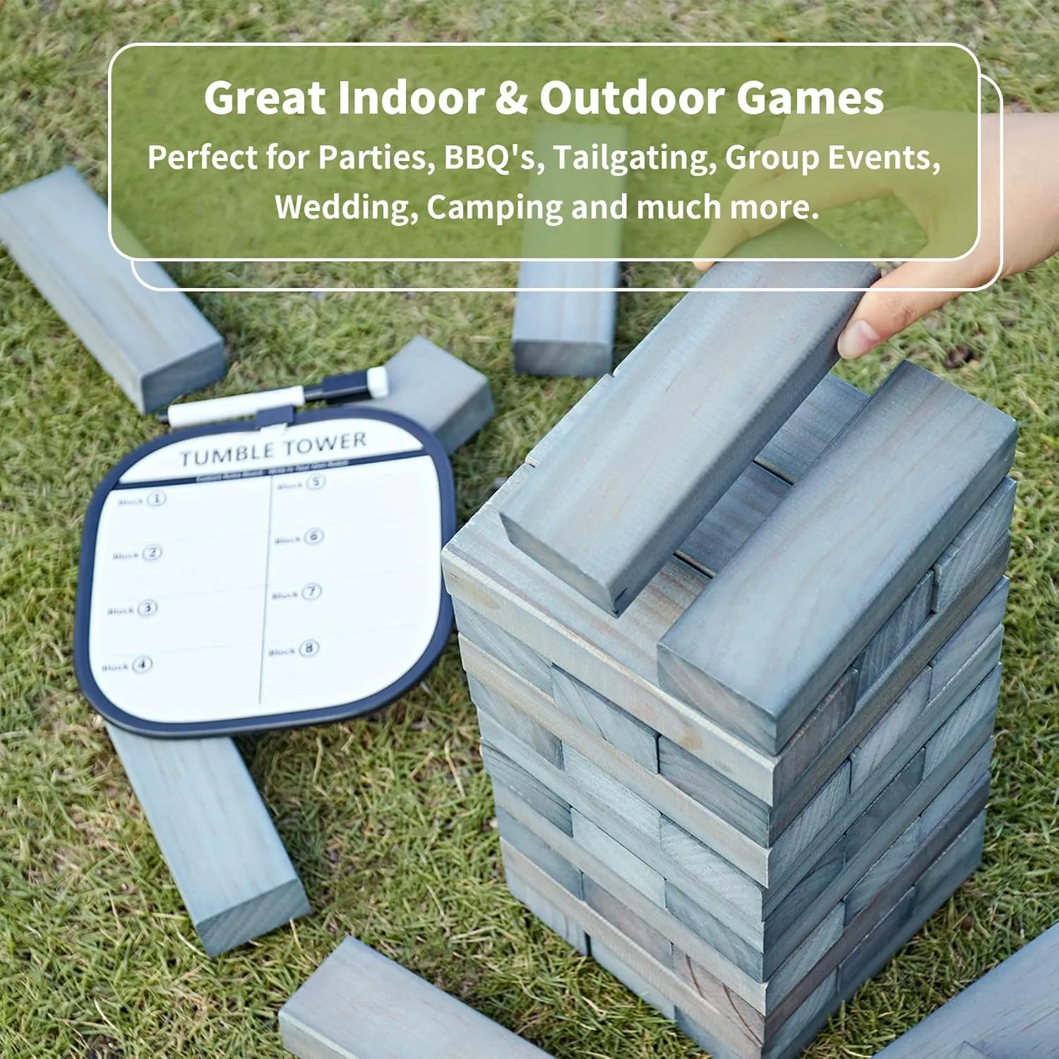 ApudArmis Giant Tumble Tower (Stack from 2Ft to Over 4.2Ft), 54 PCS Pine Wooden Stacking Timber Game with 1 Dice Set - Classic Block Giant Outdoor Game for Teens Adults Family (Gray)