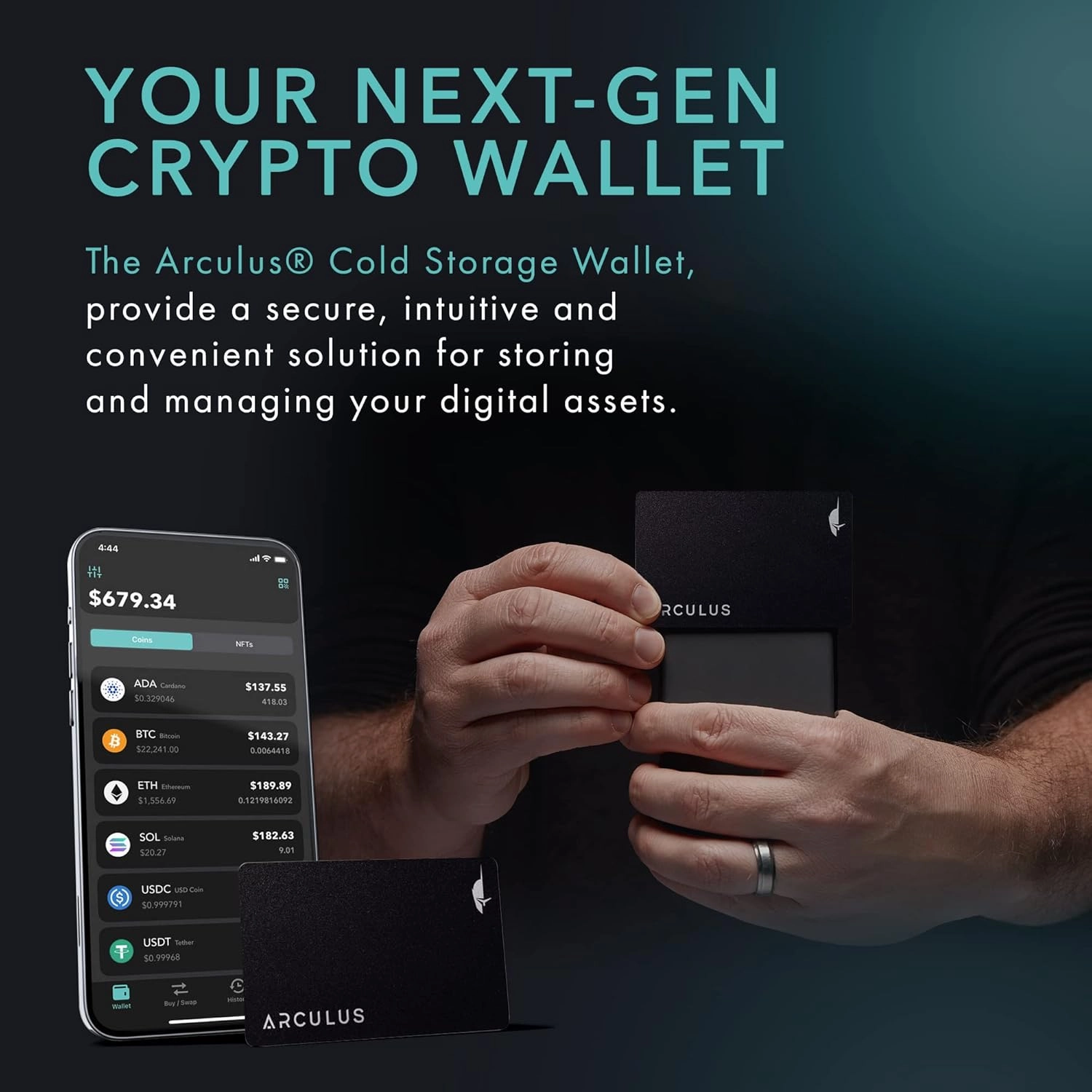 Arculus® Crypto Cold Storage Wallet, Secure Bitcoin Wallet, Crypto Hardware Wallet for NFTs, Ethereum, Bitcoin, Cardano & Other Cryptocurrencies, 3-Factor Authentication, Black