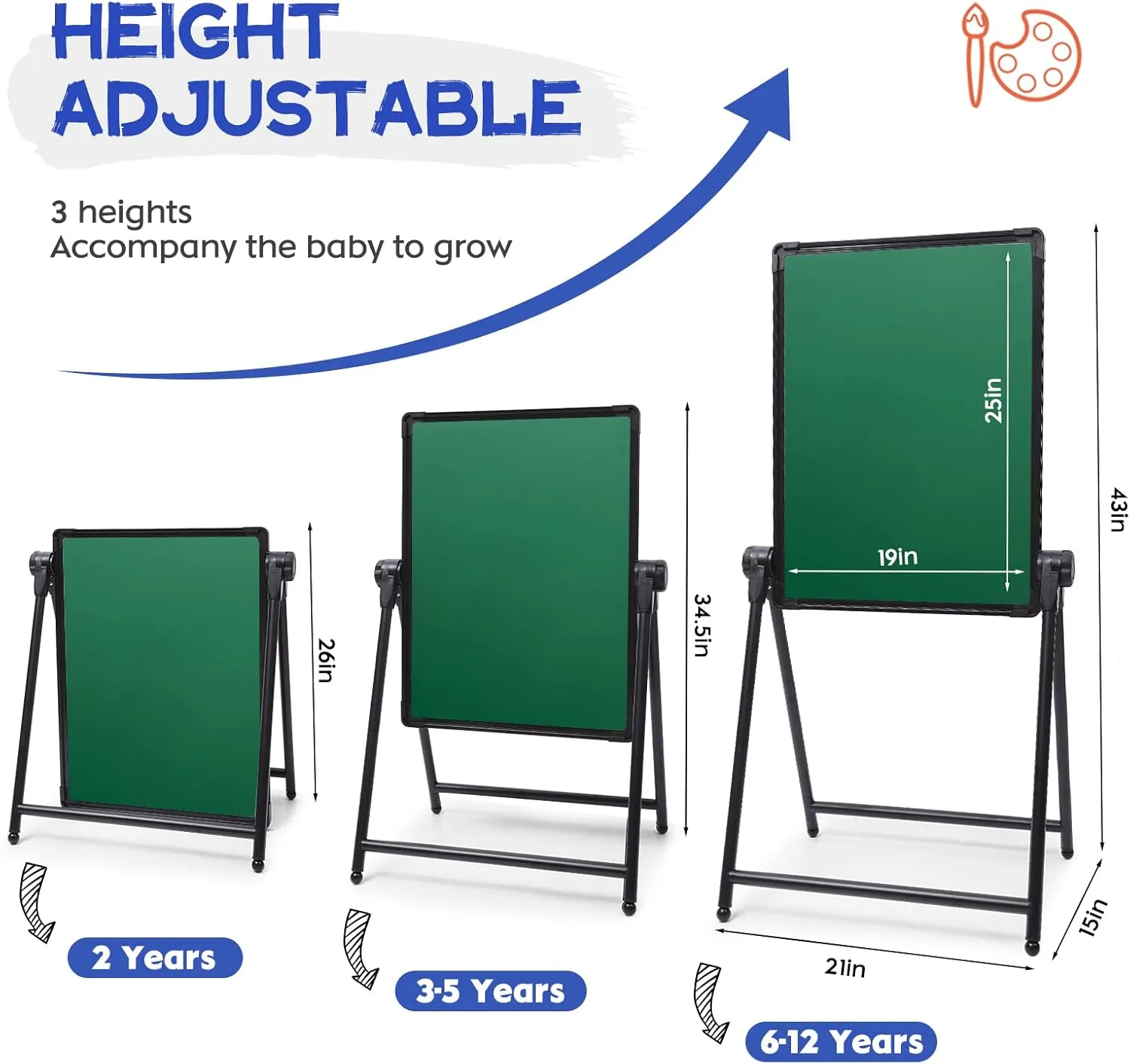 Art Easel for Kids Double Sided Easel Designed with Height Adjustable Function & Large Storage Bag Whiteboard & Chalkboard 360°Rotating Drawing Easels for Kids (26inch-43inch)