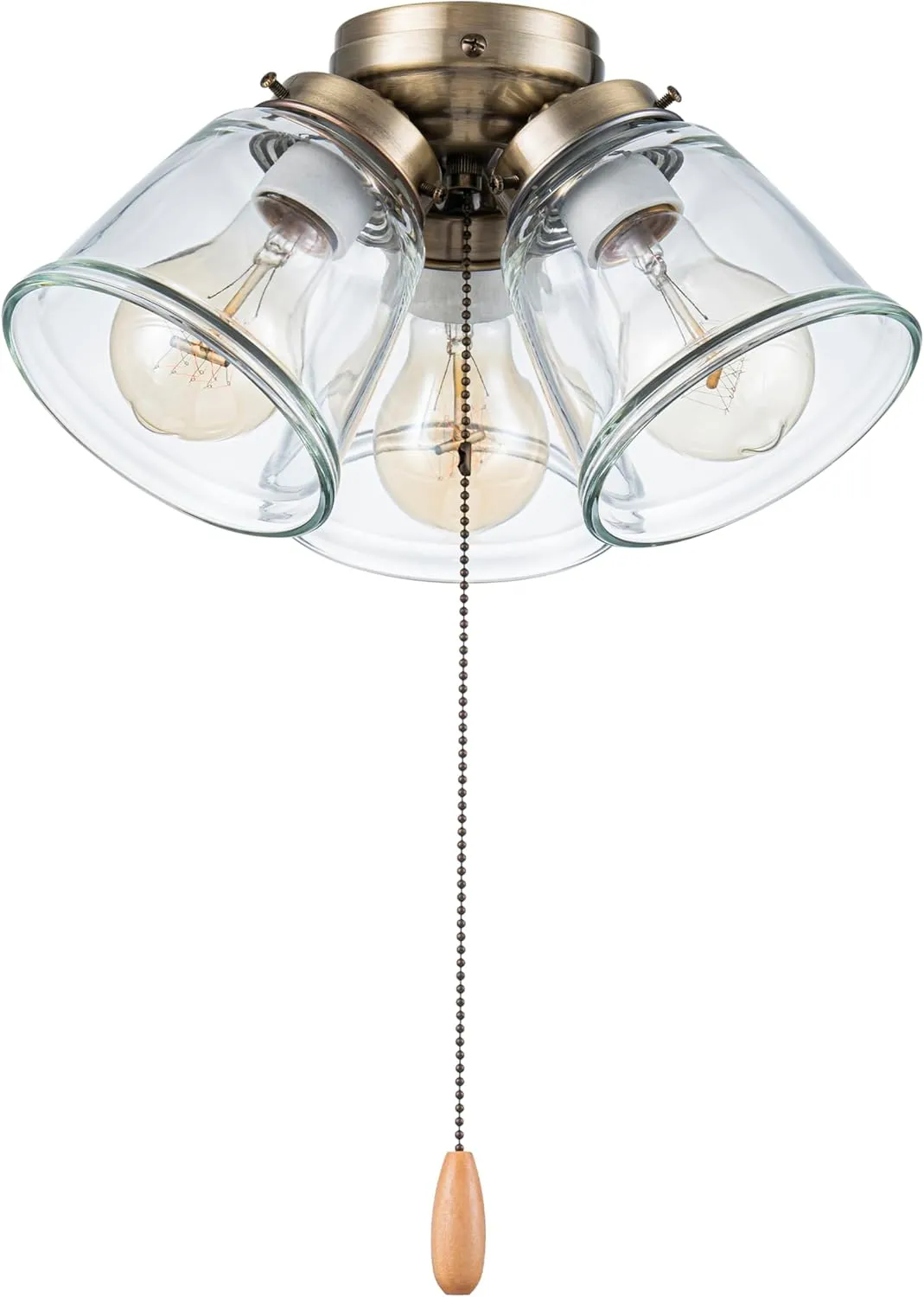 Aspen Creative 22014-1, Three-Light Ceiling Fan Light Kit with Pull Chain, Antique Brass Finish with Clear Glass Shades, 13-1/8" Diameter x 6-3/4" Height