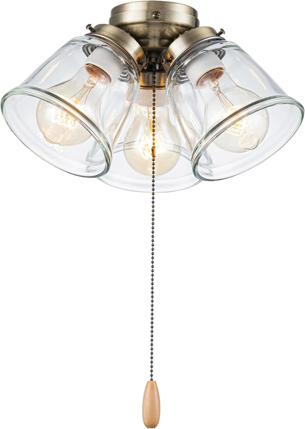 Aspen Creative 22014-1, Three-Light Ceiling Fan Light Kit with Pull Chain, Antique Brass Finish with Clear Glass Shades, 13-1/8" Diameter x 6-3/4" Height