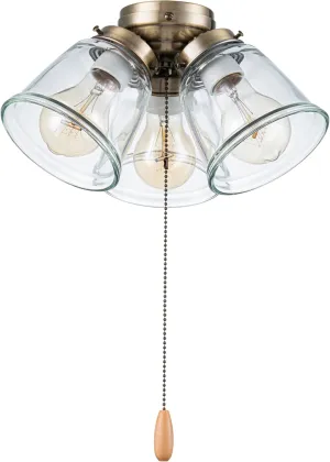 Aspen Creative 22014-1, Three-Light Ceiling Fan Light Kit with Pull Chain, Antique Brass Finish with Clear Glass Shades, 13-1/8" Diameter x 6-3/4" Height