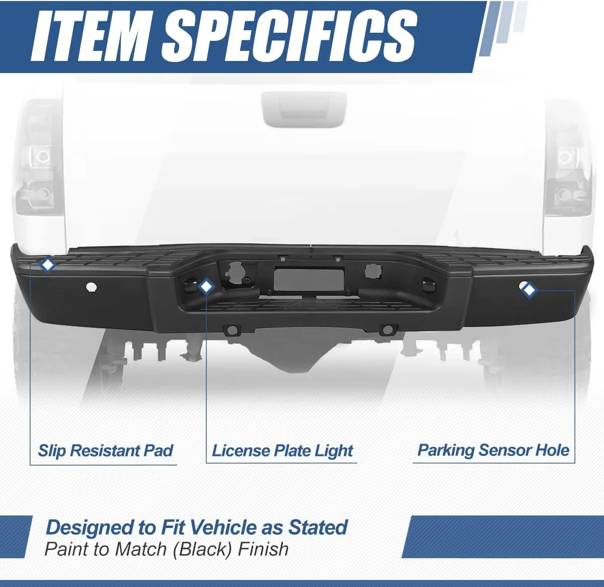 Auto Dynasty Rear Step Bumper Assembly Compatible with 2007-2013 Chevy Silverado GMC Sierra 1500, with Park Sensor Holes/Step Pad/License Plate Lights, Painted Black