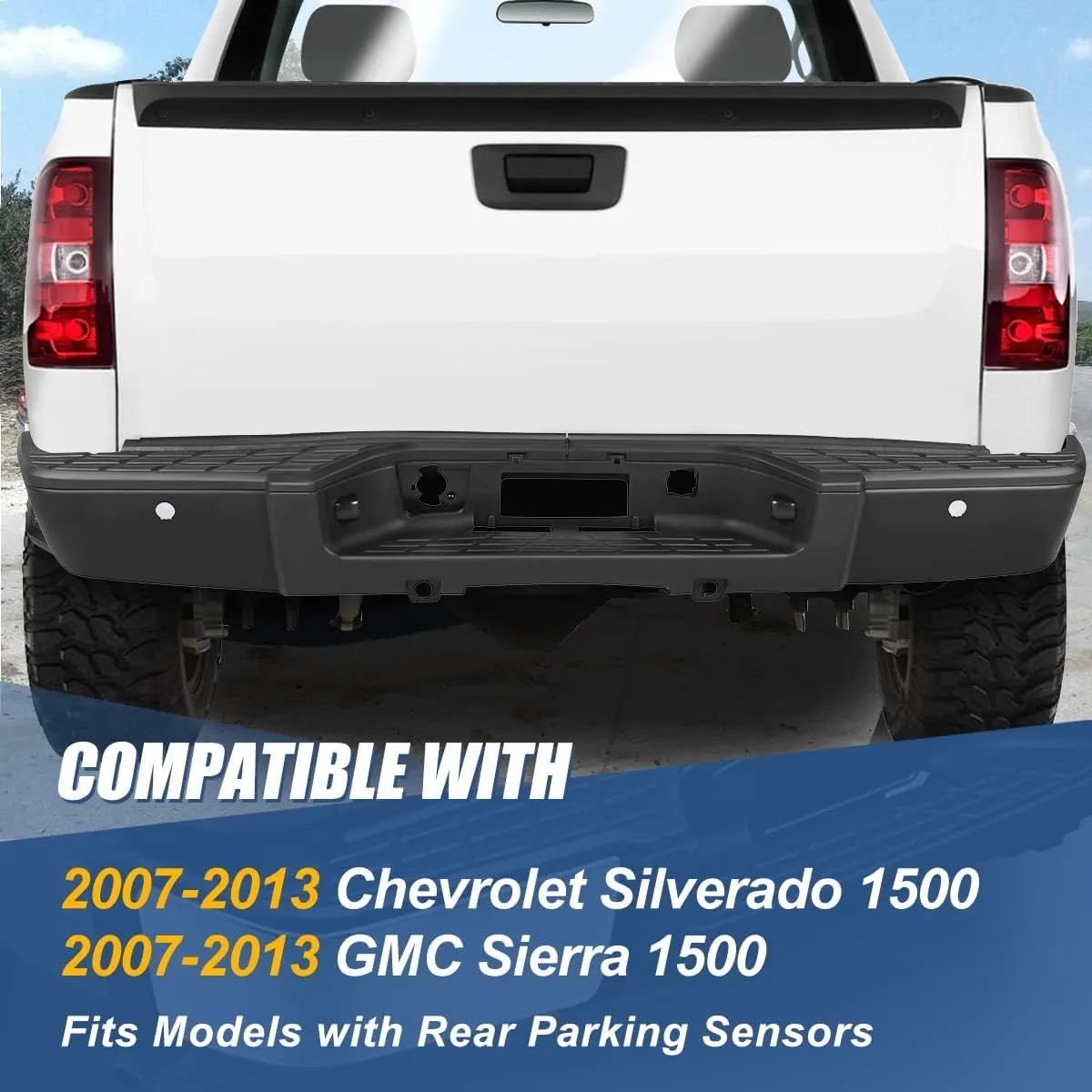 Auto Dynasty Rear Step Bumper Assembly Compatible with 2007-2013 Chevy Silverado GMC Sierra 1500, with Park Sensor Holes/Step Pad/License Plate Lights, Painted Black