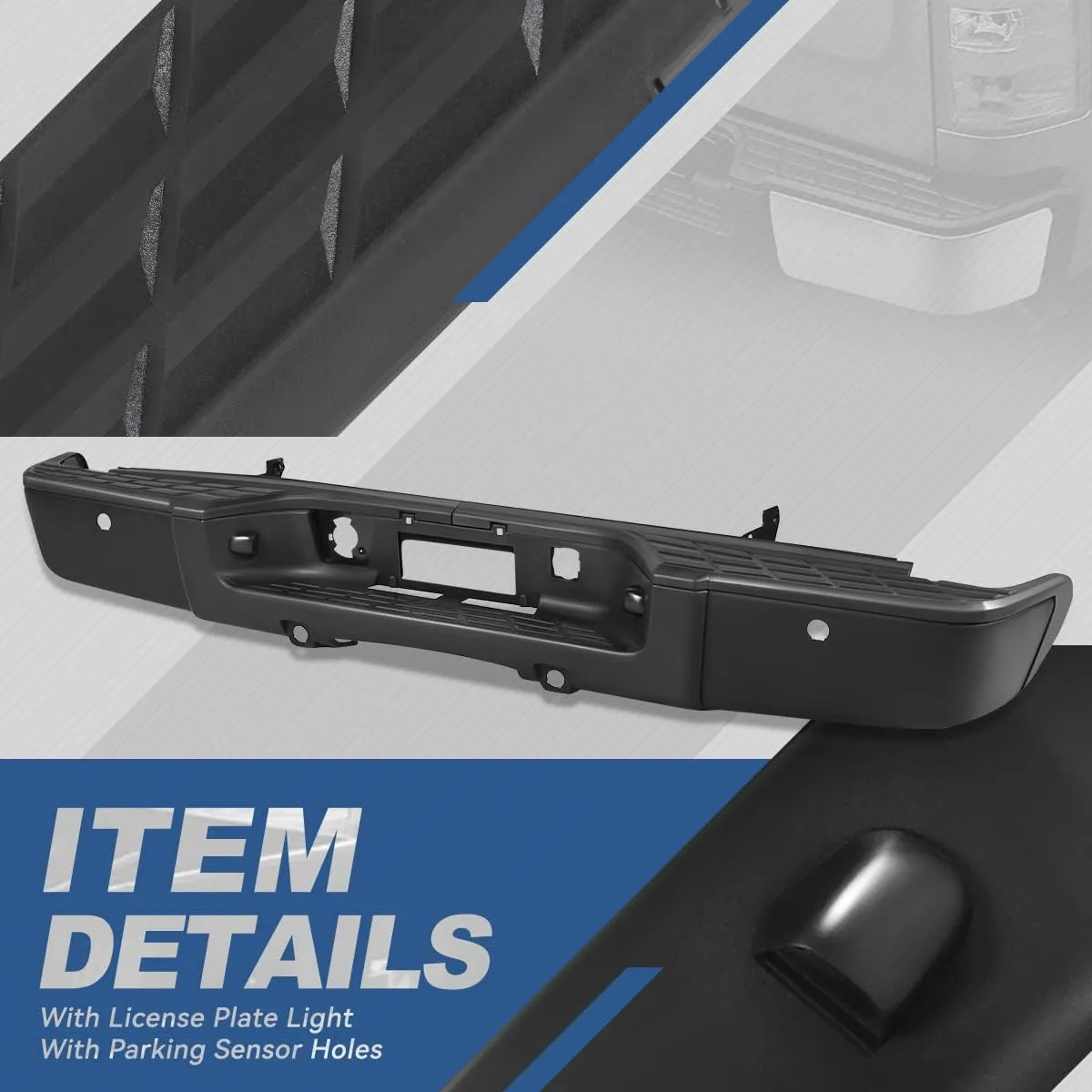 Auto Dynasty Rear Step Bumper Assembly Compatible with 2007-2013 Chevy Silverado GMC Sierra 1500, with Park Sensor Holes/Step Pad/License Plate Lights, Painted Black