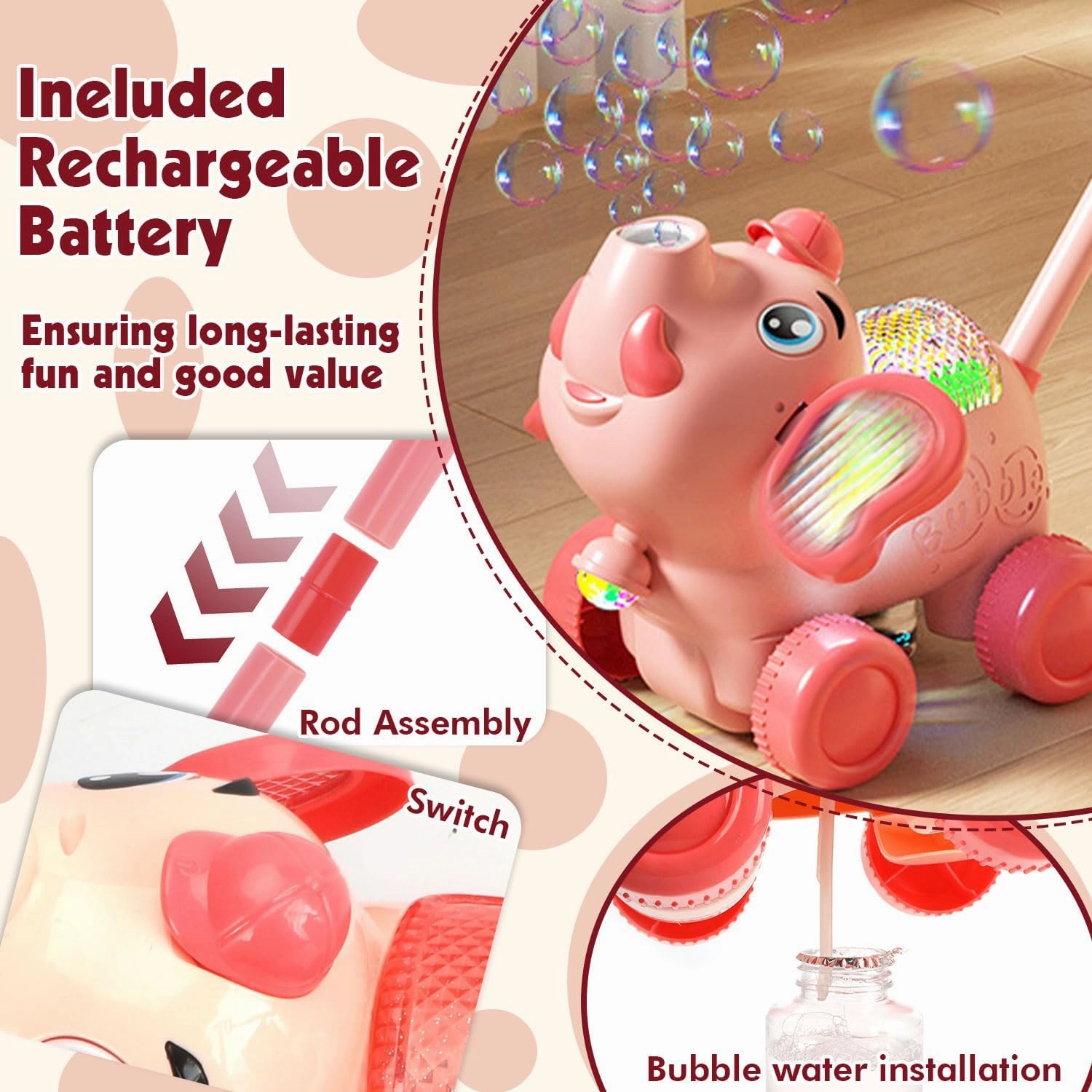 Automatic Bubble Machine Toddler Toys: Elephant Bubble Lawn Mover for 3 4 5 1 2 Year Old,Kids Lawn Mower with Led Light for Night, Push or Handheld Bubble Maker Blower for Age 1-3 Kids Birthday Gifts