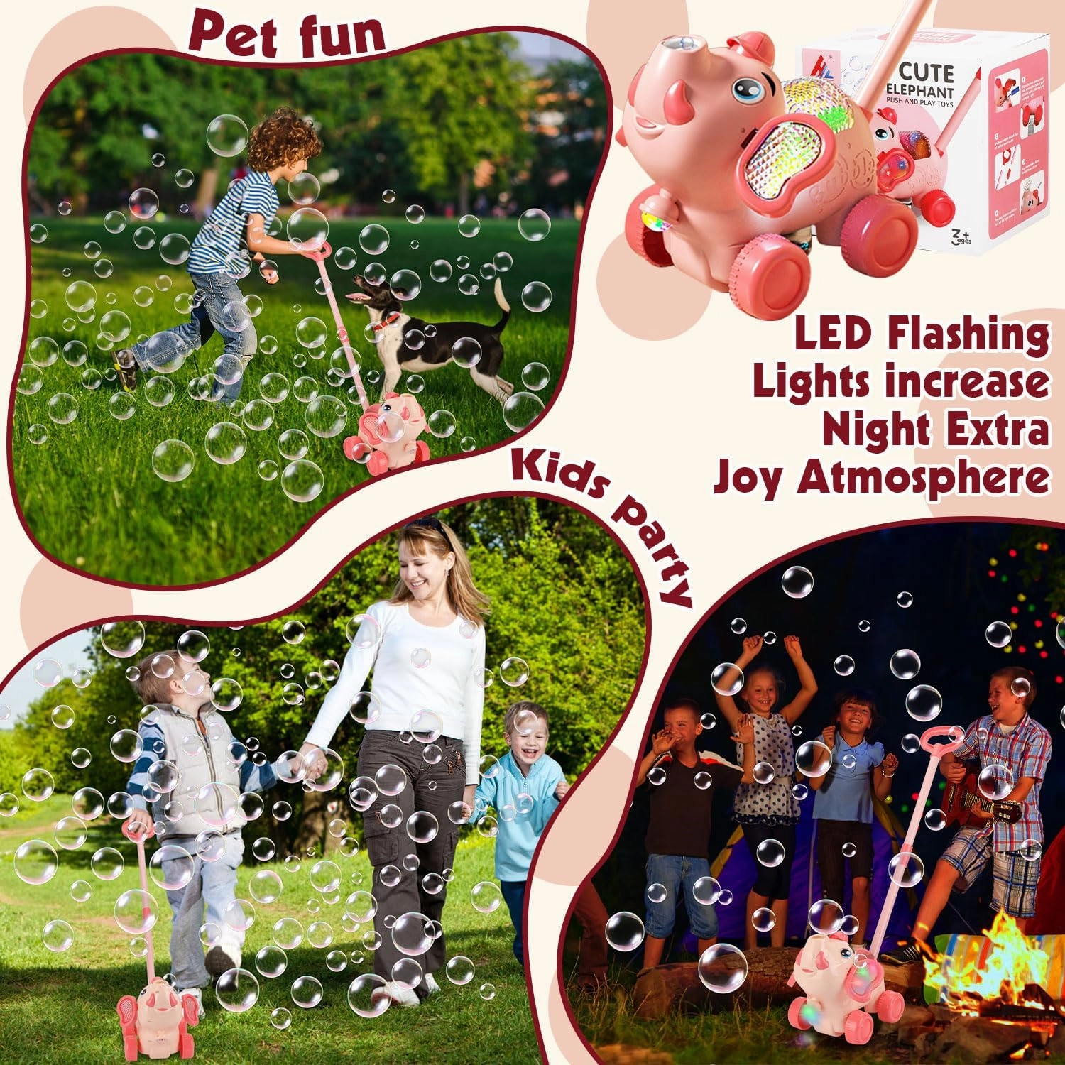 Automatic Bubble Machine Toddler Toys: Elephant Bubble Lawn Mover for 3 4 5 1 2 Year Old,Kids Lawn Mower with Led Light for Night, Push or Handheld Bubble Maker Blower for Age 1-3 Kids Birthday Gifts