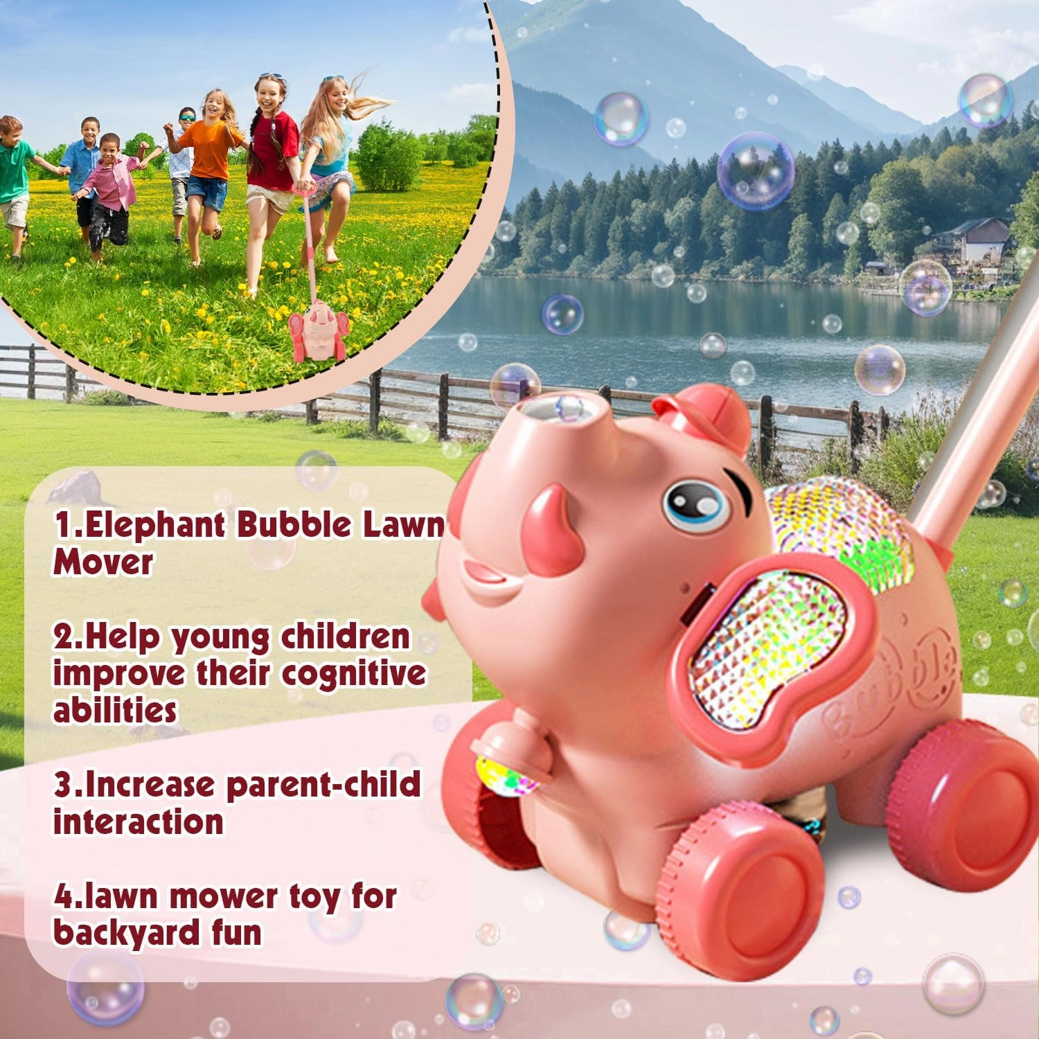 Automatic Bubble Machine Toddler Toys: Elephant Bubble Lawn Mover for 3 4 5 1 2 Year Old,Kids Lawn Mower with Led Light for Night, Push or Handheld Bubble Maker Blower for Age 1-3 Kids Birthday Gifts