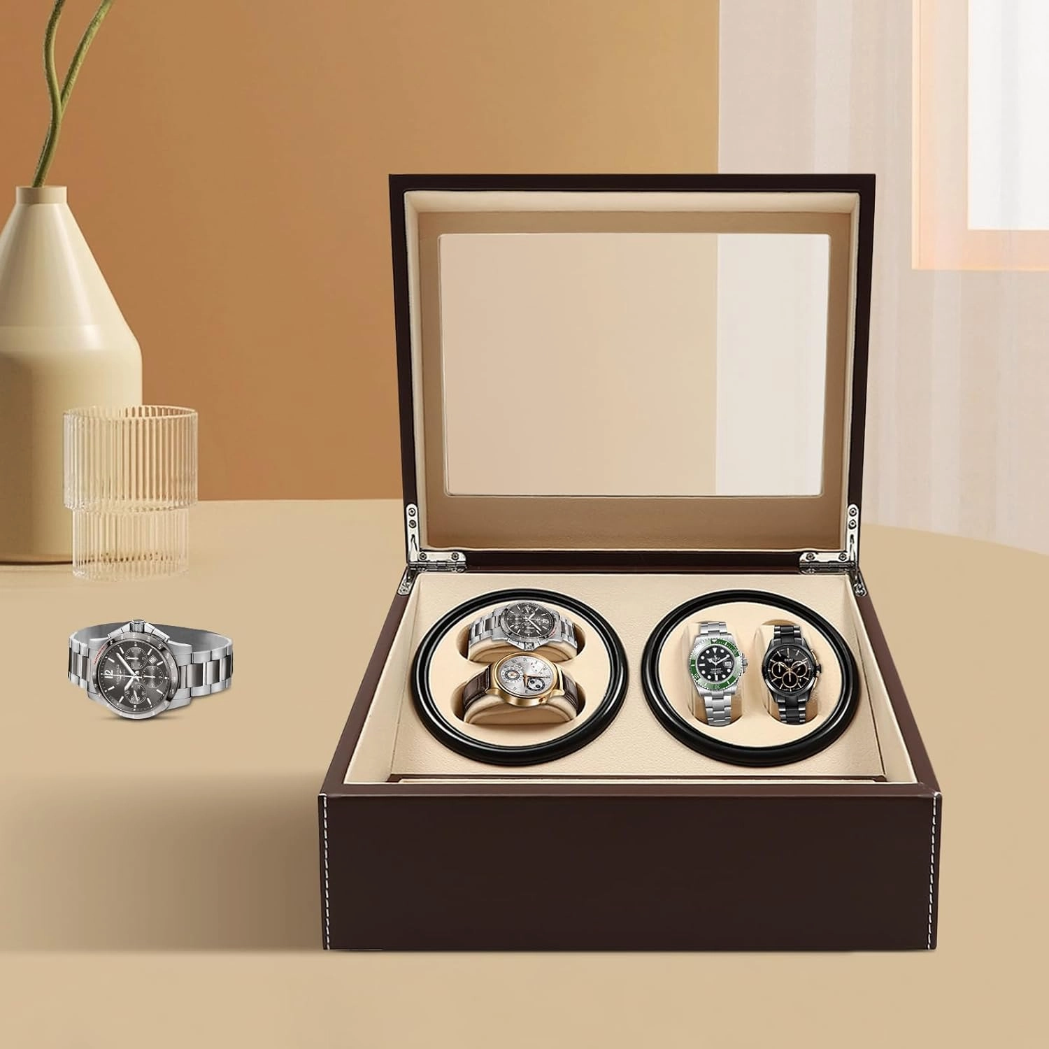 Automatic Watch Winder Display Box, 4 6 Watch Display Box, Leather Watch Storage Holder Watch Case with Transparent Top Lid, Watch Storage Holder Watch Case for Men and Lady (Brown)