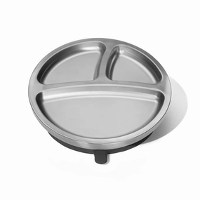 Avanchy Baby Plates with Suction – Stainless Steel Divided Plates for Toddlers, BPA-Free, Dishwasher Safe, Unbreakable, Non-Toxic, 100% Silicone Suction – Black