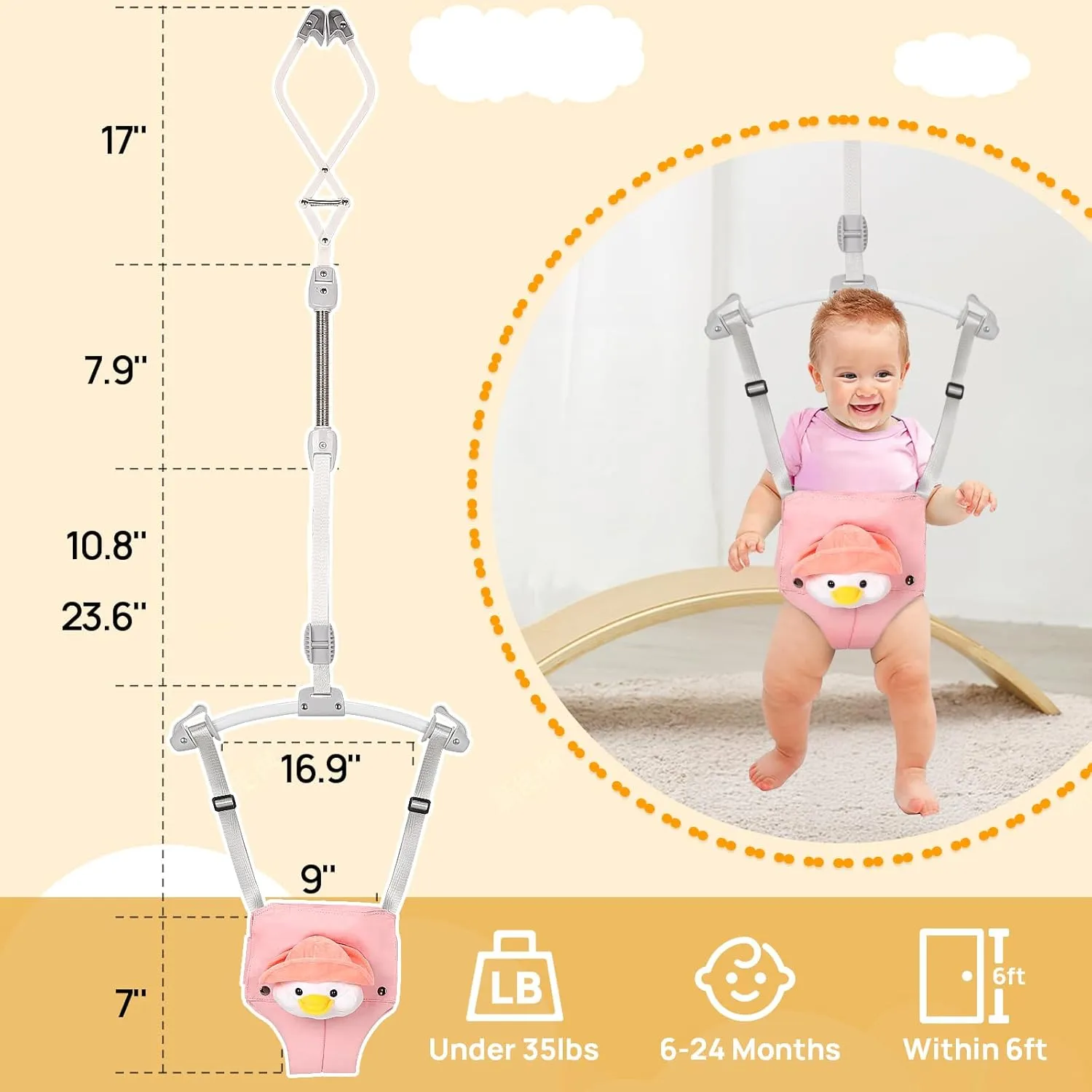 Baby Doorway Jumper Adjustable 10.8"-23.6" No-Tool Activity Seat | Bouncer with Stainless Steel Springs & Machine-Washable Bag (Indoor/Outdoor Use)