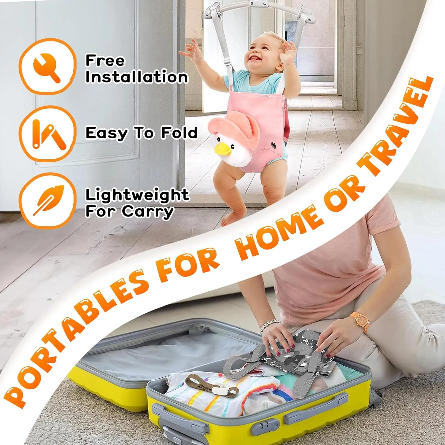 Baby Doorway Jumper Adjustable 10.8"-23.6" No-Tool Activity Seat | Bouncer with Stainless Steel Springs & Machine-Washable Bag (Indoor/Outdoor Use)