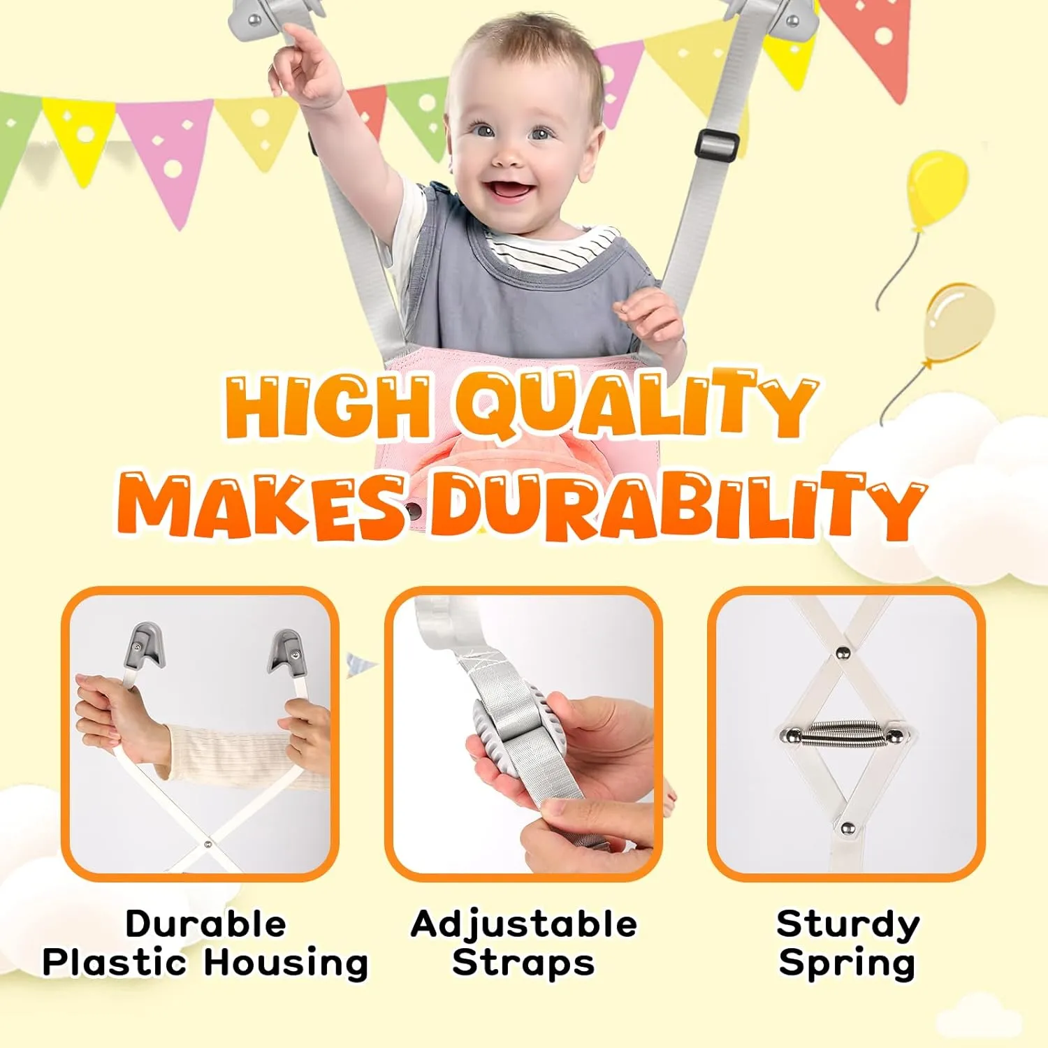 Baby Doorway Jumper Adjustable 10.8"-23.6" No-Tool Activity Seat | Bouncer with Stainless Steel Springs & Machine-Washable Bag (Indoor/Outdoor Use)