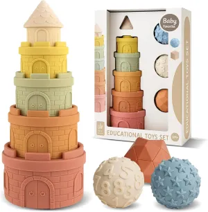 Baby Stacking Cups & Sensory Ball Set, Textured Sensory Toys for Babies, Soft Castle Nesting Blocks, Newborn Teether & Bath Toys 6-12 Months, 8 PCS Montessori Learning Gifts for Toddlers 1-3