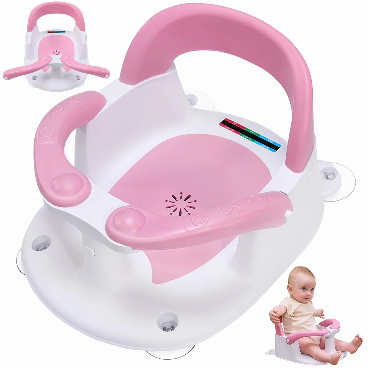 Baby Bath Seat for Babies 6 Months & Up Sitting Up,Infant Bath Seat with Temperature Alert Open Backrest on/Off Armrest,Toddler Bath seat Baby Bath Chair for Bathtub,Tub,Sink Pink