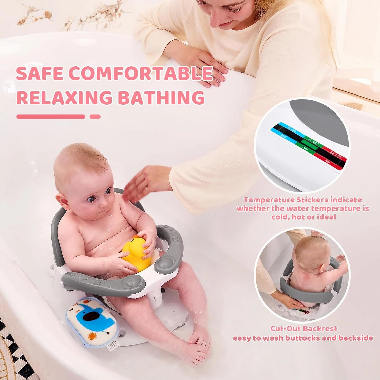 Baby Bath Seat for Babies 6 Months & Up Sitting Up,Infant Bath Seat with Temperature Alert Open Backrest on/Off Armrest,Toddler Bath seat Baby Bath Chair for Bathtub,Tub,Sink Pink
