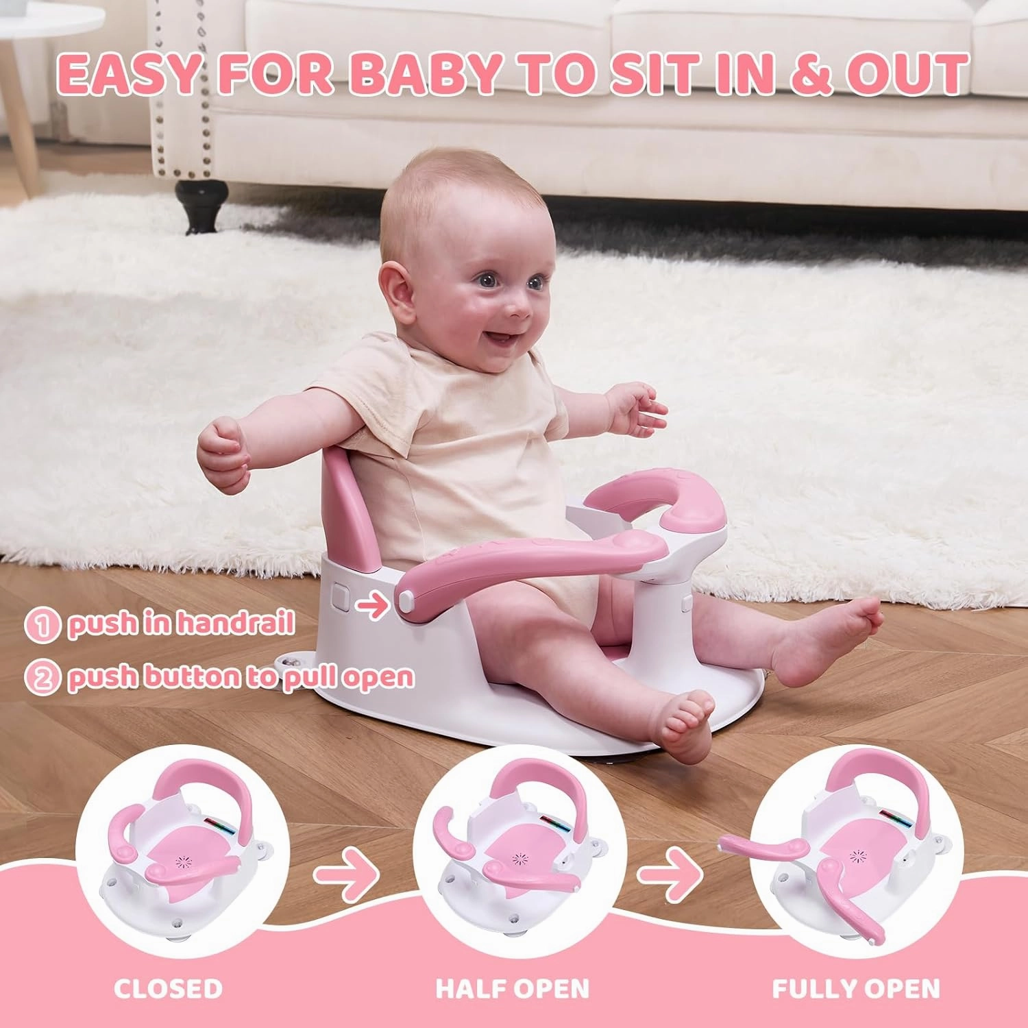 Baby Bath Seat for Babies 6 Months & Up Sitting Up,Infant Bath Seat with Temperature Alert Open Backrest on/Off Armrest,Toddler Bath seat Baby Bath Chair for Bathtub,Tub,Sink Pink